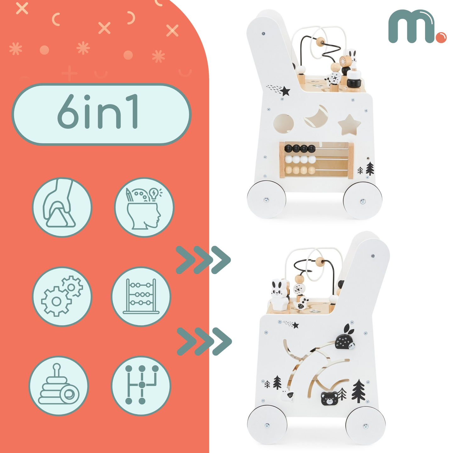 Carrinho de bebé de madeira 6em1, andarilho com função de mesa de aprendizagem