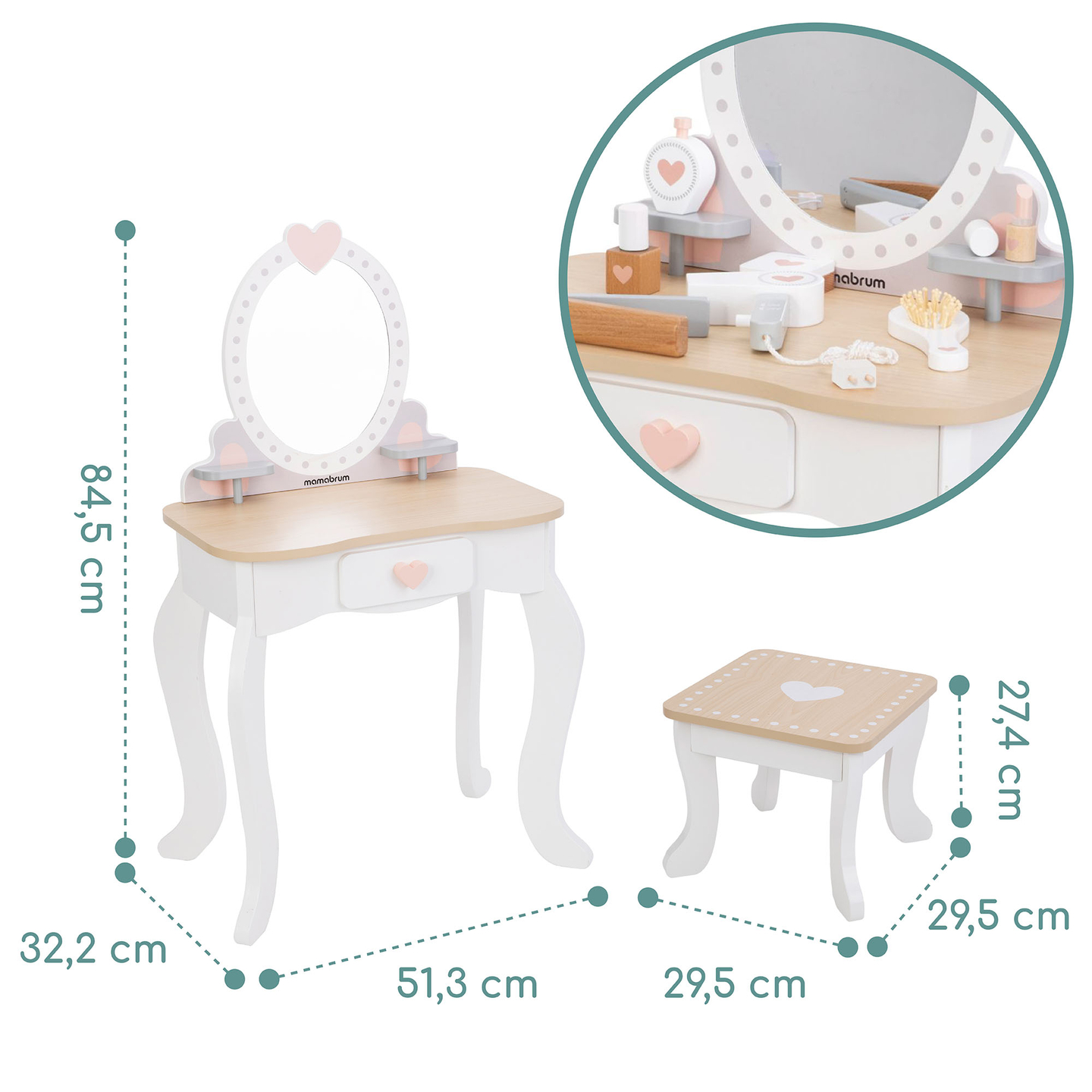 Penteadeira de madeira com banco e acessórios