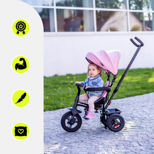 Triciclo para crianças de 1 a 4 anos - TOBI FREY - rosa - giratório - rodas infláveis + empurrador