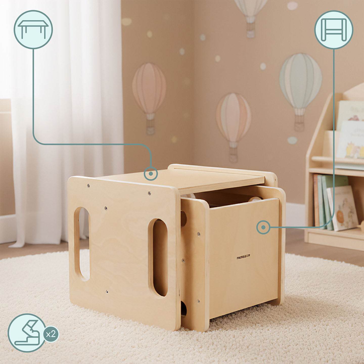 Mesa e cadeira de madeira com função de trampolim – um conjunto Montessori multifuncional para crianças