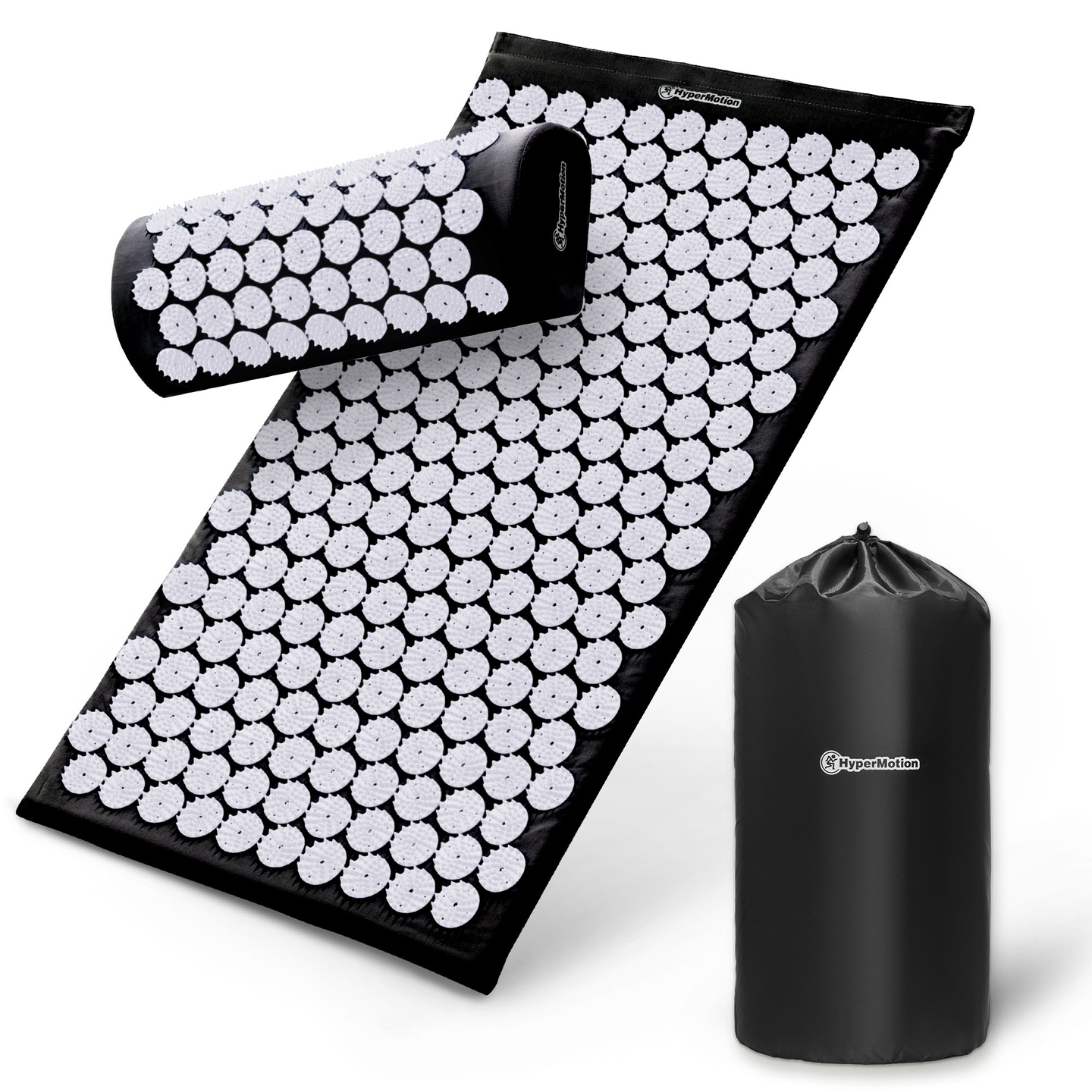 Tapete de acupressão com almofada e capa - 72 cm HyperMotion preto e branco