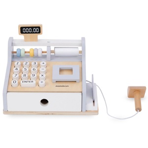 Caixa registradora de madeira com acessórios