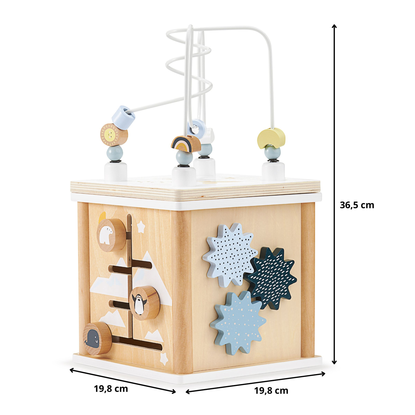 Cubo educacional de madeira com formas entrelaçadas - classificador de formas