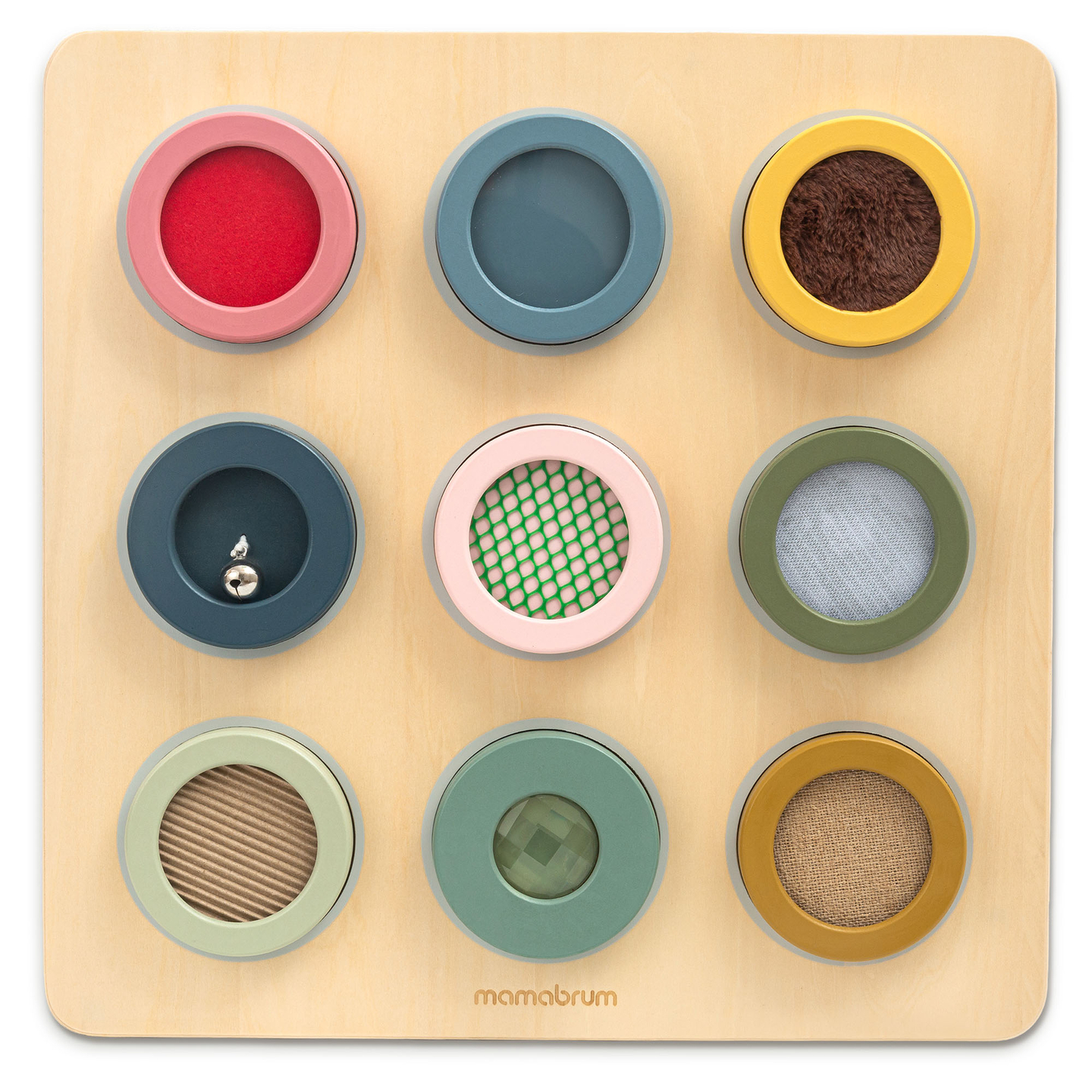 Painel sensorial Montessori de madeira – 9 texturas para descobrir e desenvolver o sentido do tato.