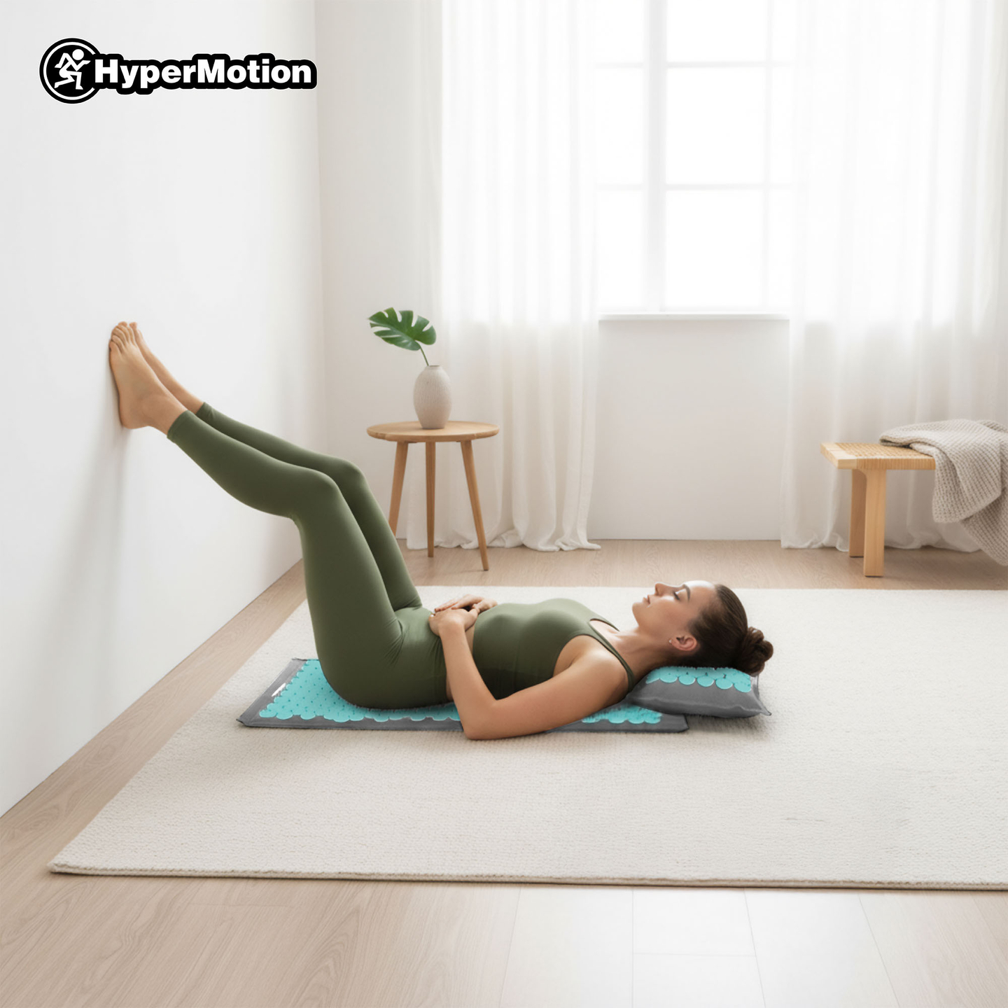 Tapete de acupressão em linho ecológico com fibra de coco e almofada de trigo sarraceno – 68 cm HyperMotion Cinza-Menta