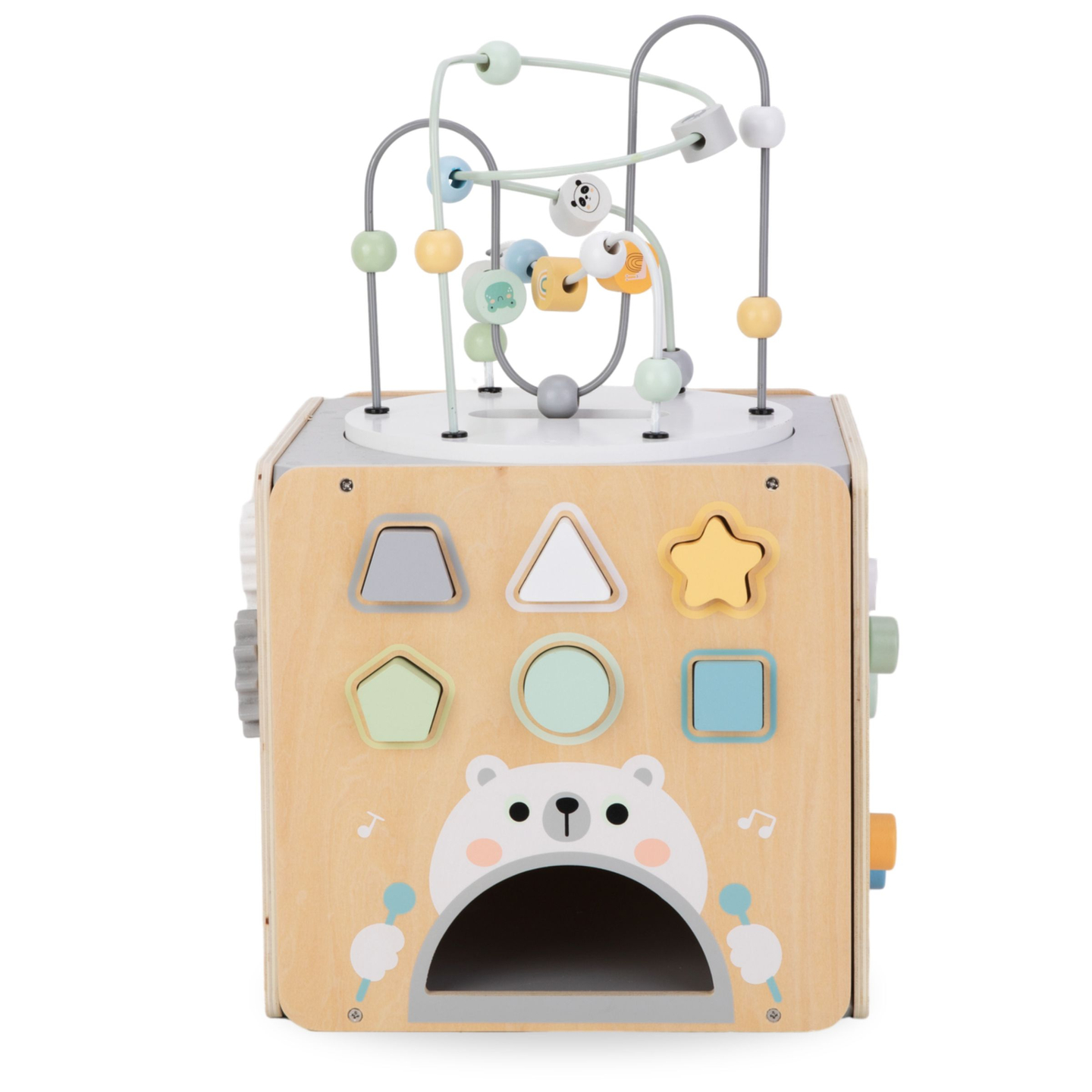 Grande cubo de atividades de madeira com laço - Montessori