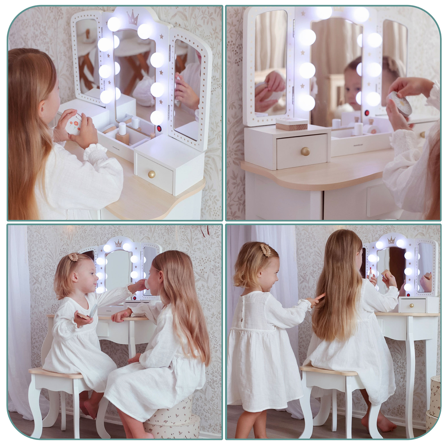 Penteadeira de madeira XXL com banco e iluminação LED para crianças + acessórios