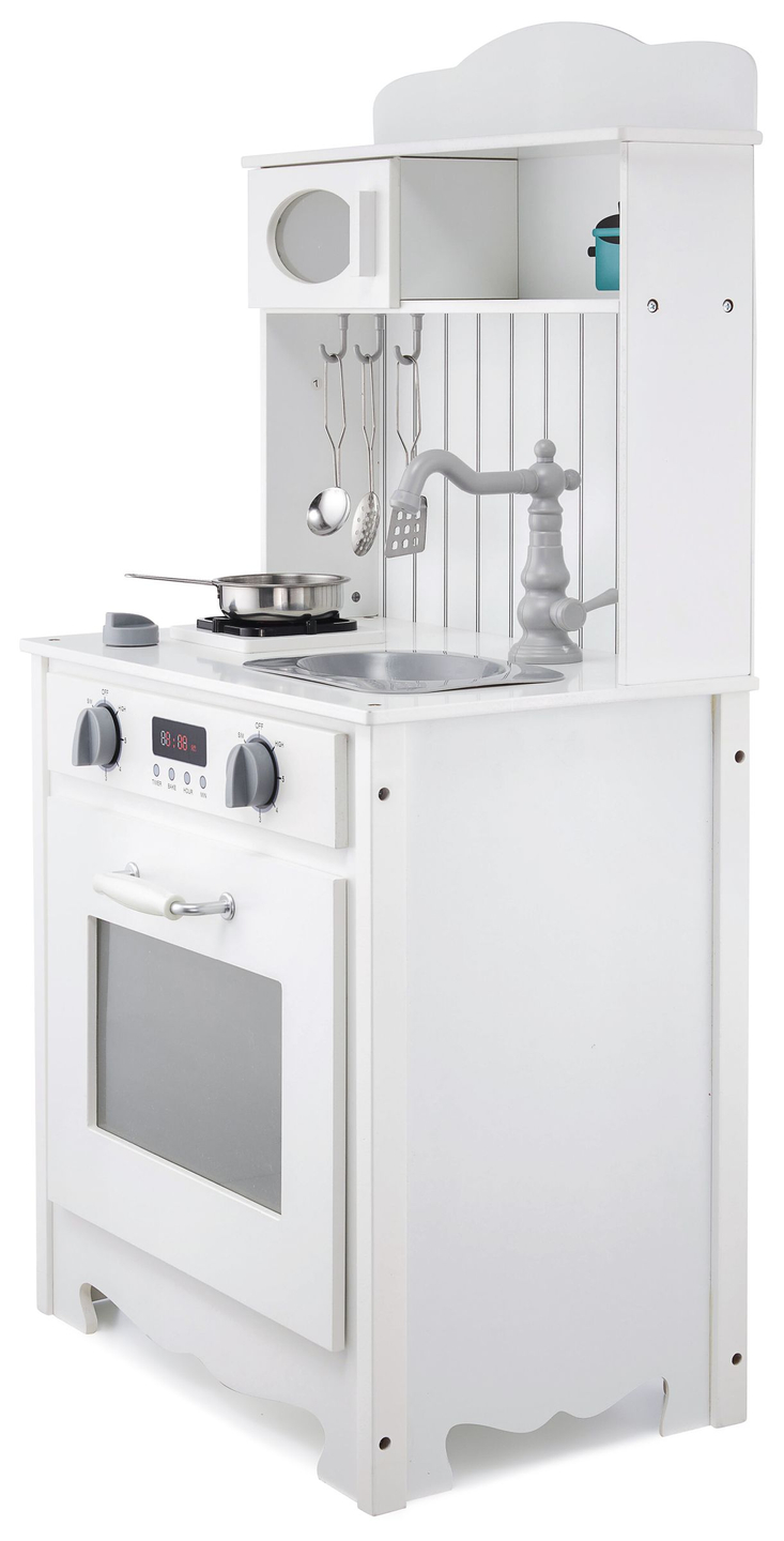 Cozinha de madeira branca com avental, acessórios e lâmpada LED