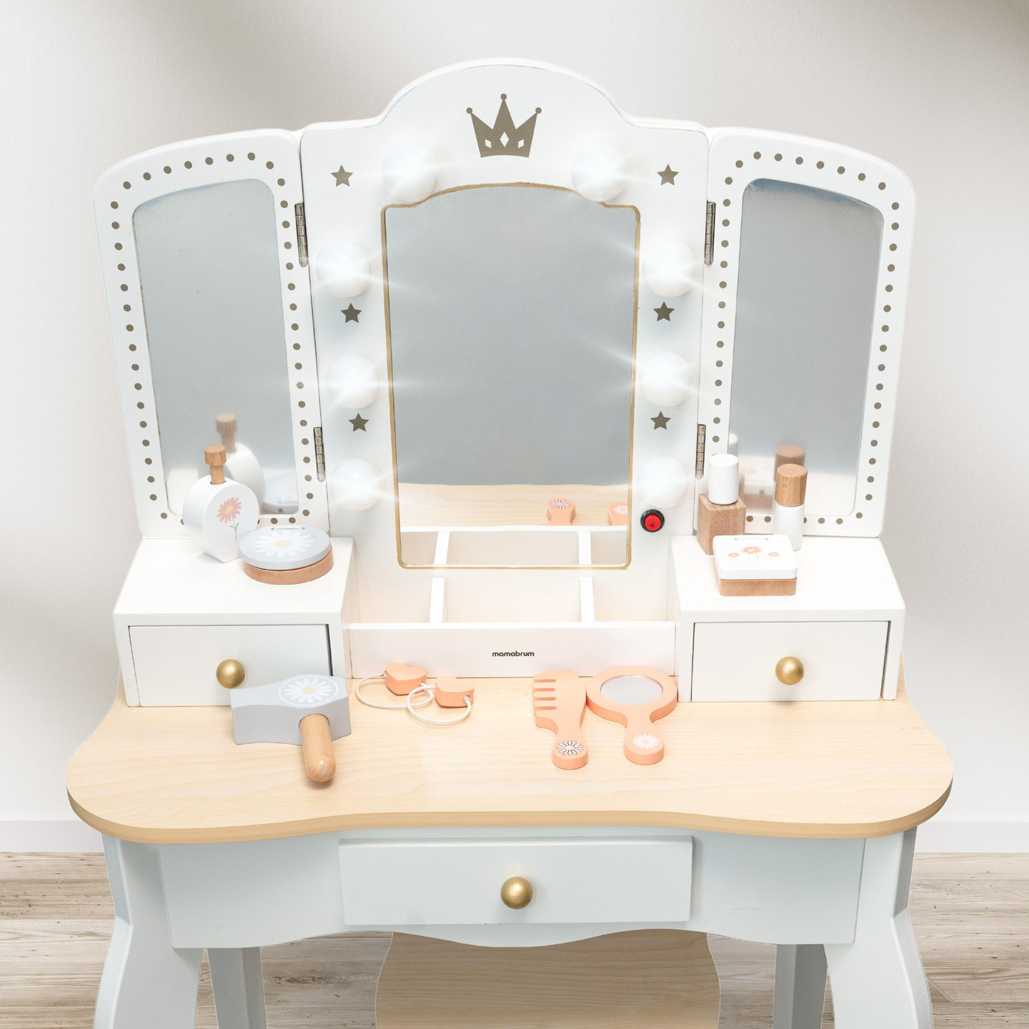 Penteadeira de madeira XXL com banco e iluminação LED para crianças + acessórios