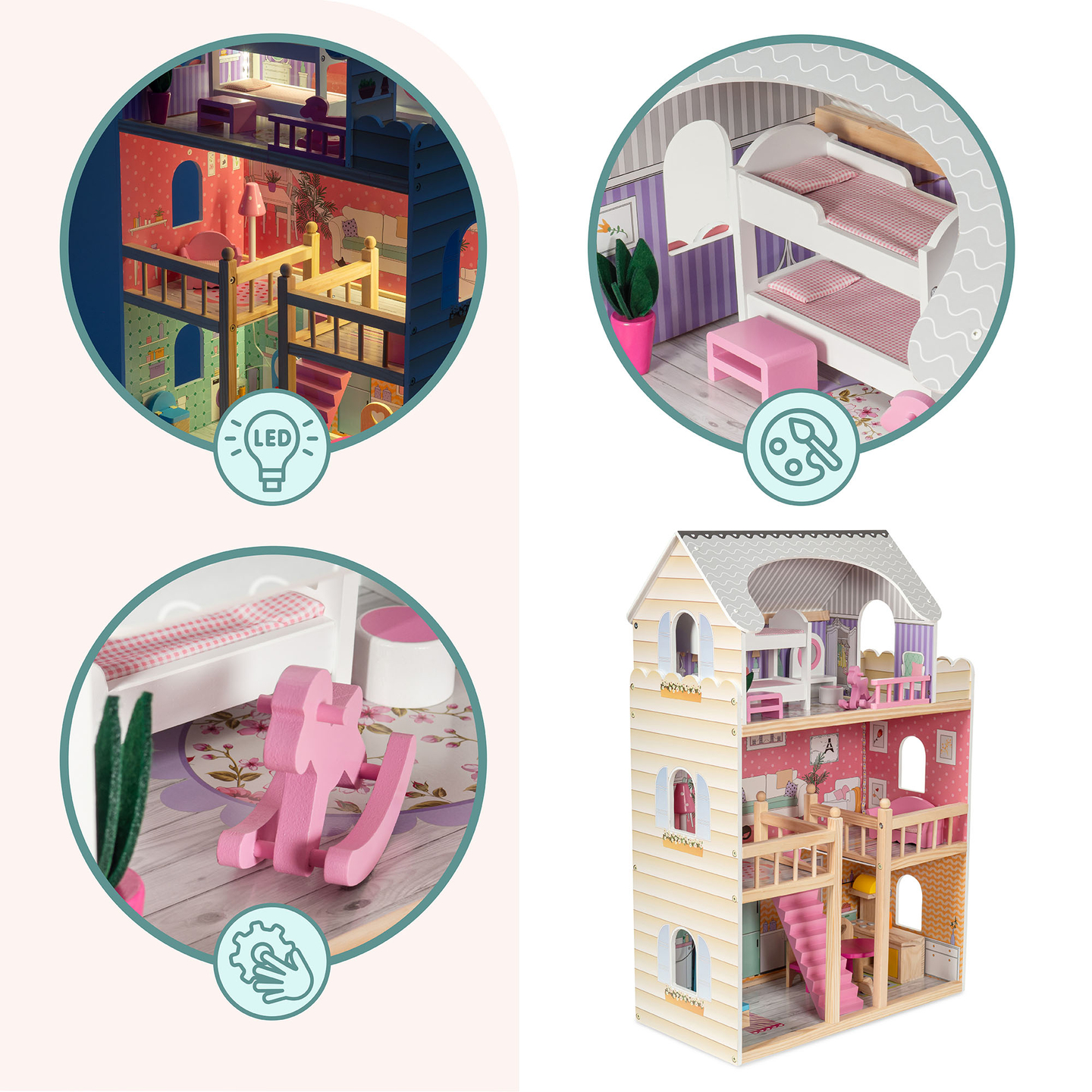 Grande casa de bonecas de madeira de 3 andares com terraço, conjunto de móveis e iluminação LED!