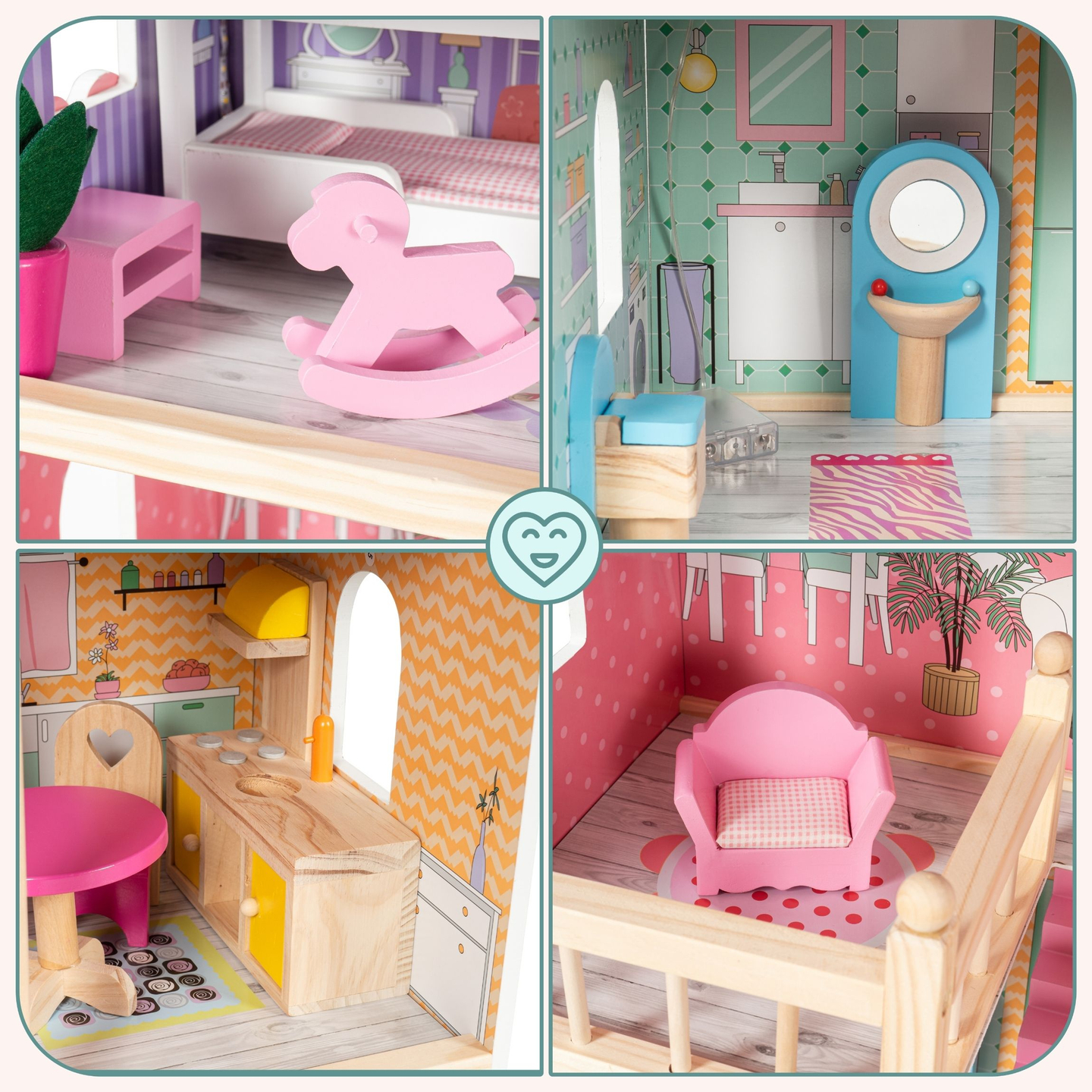 Grande casa de bonecas de madeira de 3 andares com terraço, conjunto de móveis e iluminação LED!