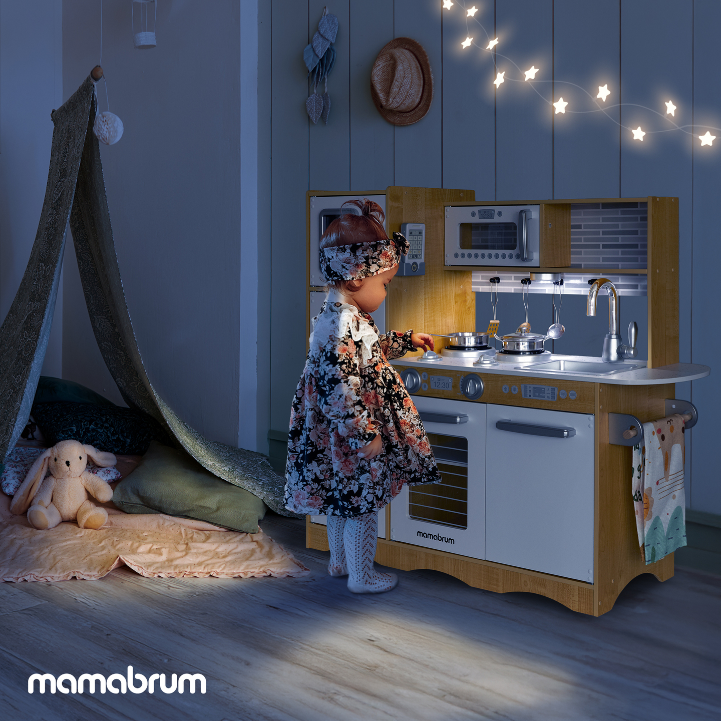 Cozinha XXL em madeira com iluminação LED, avental e acessórios