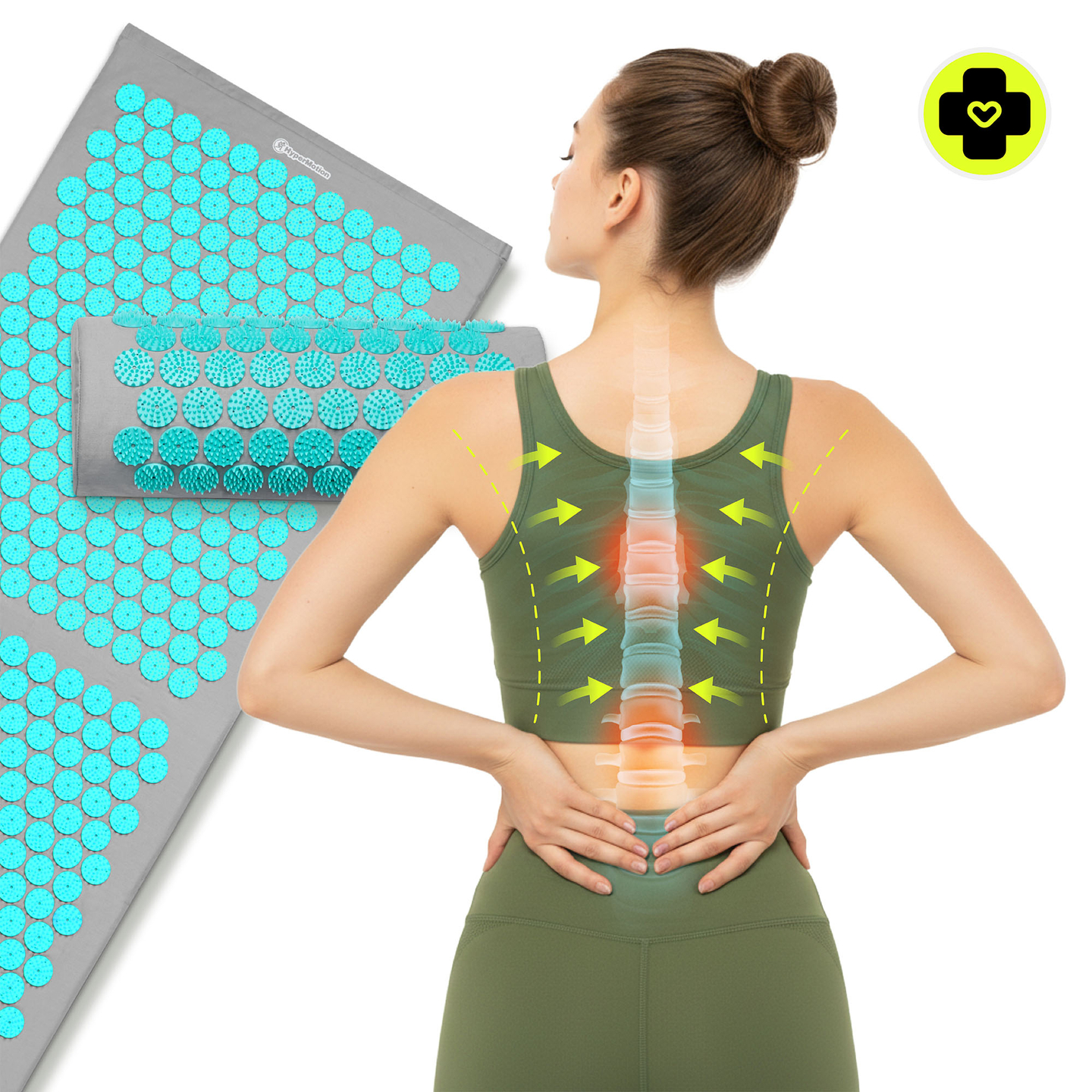 Tapete de acupressão grande com almofada e capa - 130 cm HyperMotion cinza-menta