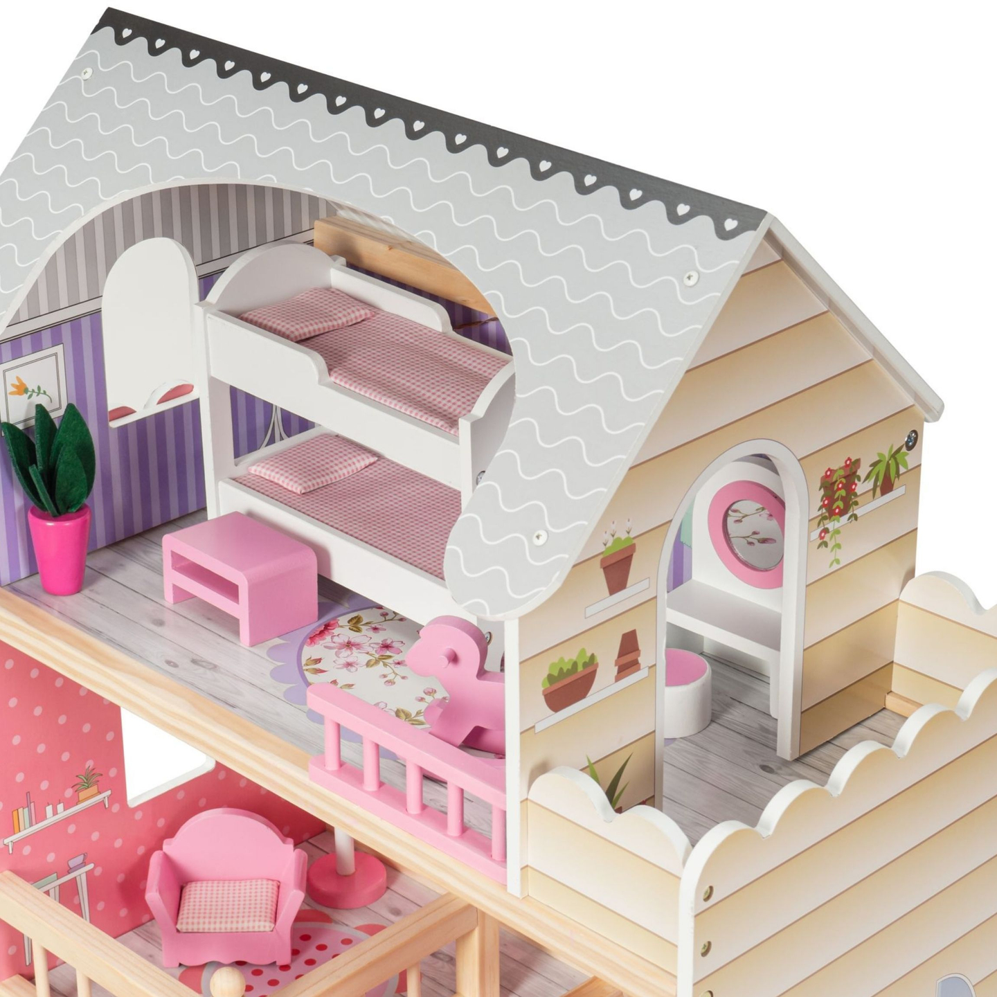 Grande casa de bonecas de madeira de 3 andares com terraço, conjunto de móveis e iluminação LED!