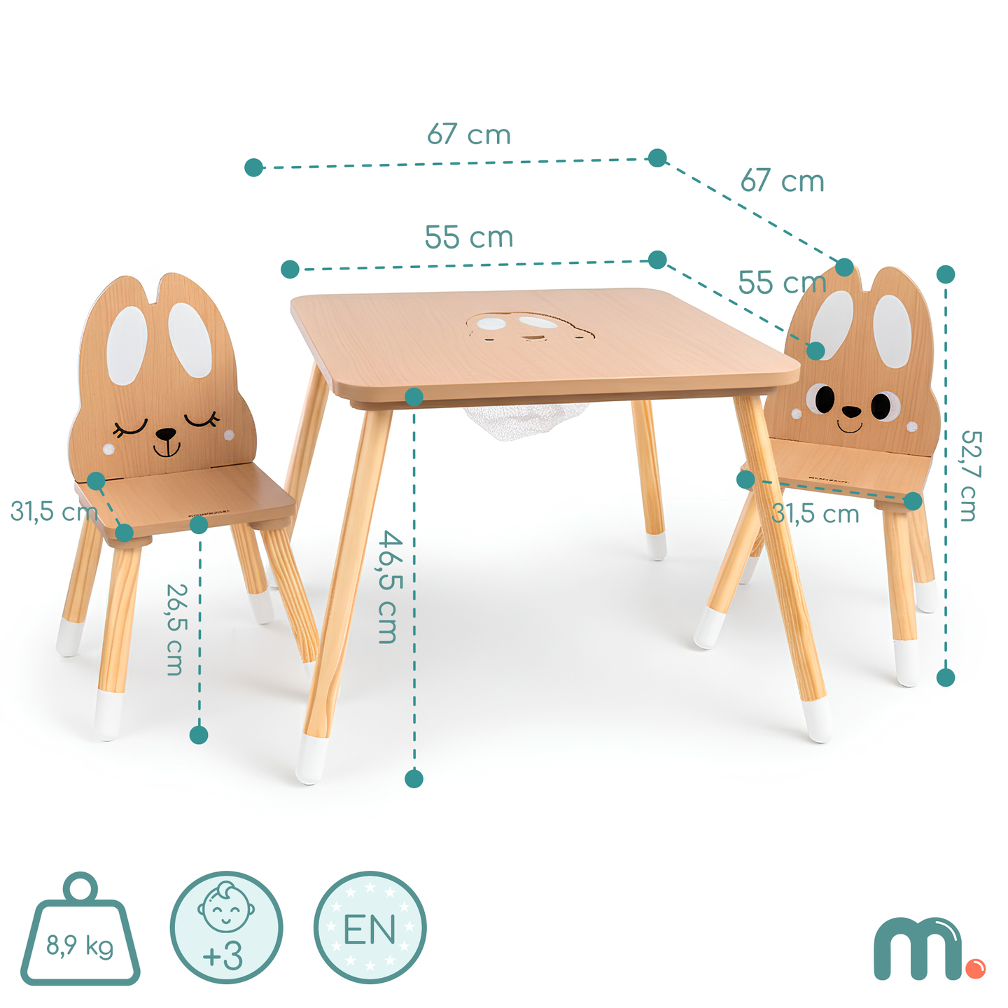 Mesa de madeira com arrumação e 2 cadeiras Conjunto infantil - Cute Rabbit