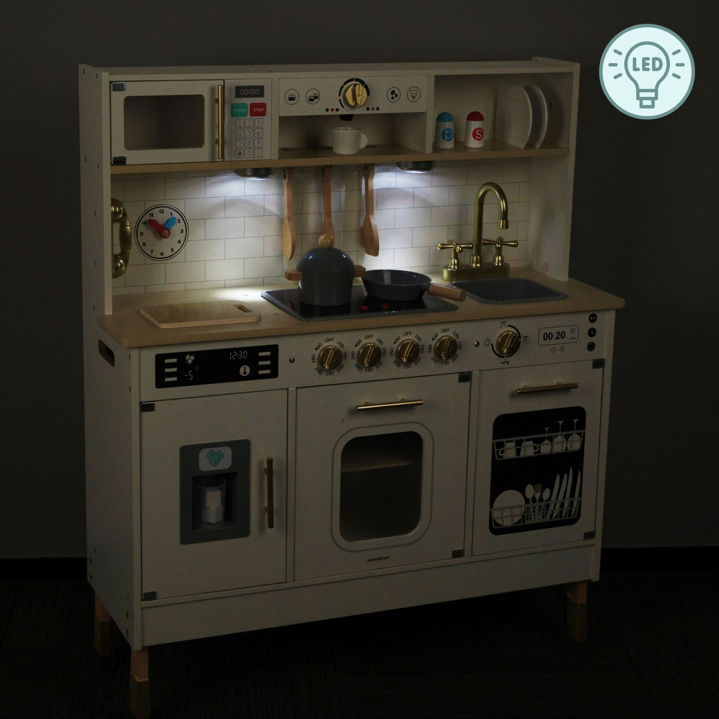 Cozinha interativa XXL de madeira com acessórios e iluminação LED - dois níveis