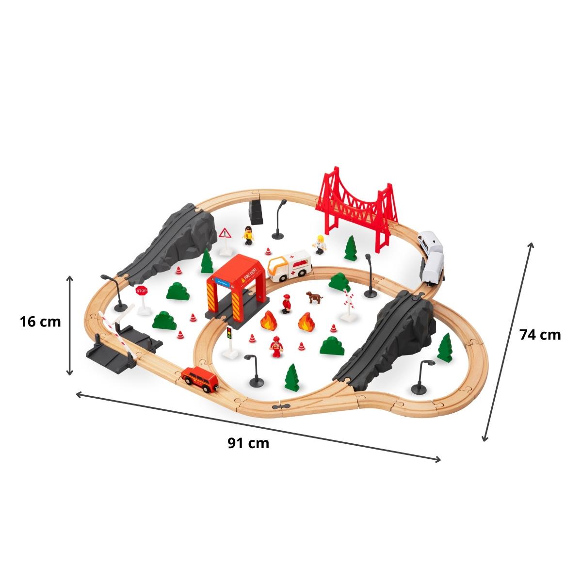 Trem de madeira, trem movido a bateria - Corpo de Bombeiros, trilhos, carros, pontes, barreira