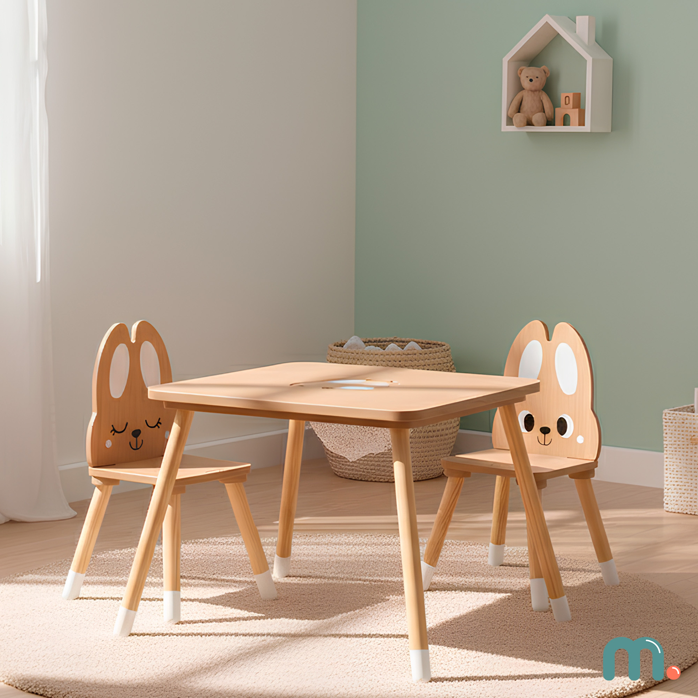 Mesa de madeira com arrumação e 2 cadeiras Conjunto infantil - Cute Rabbit