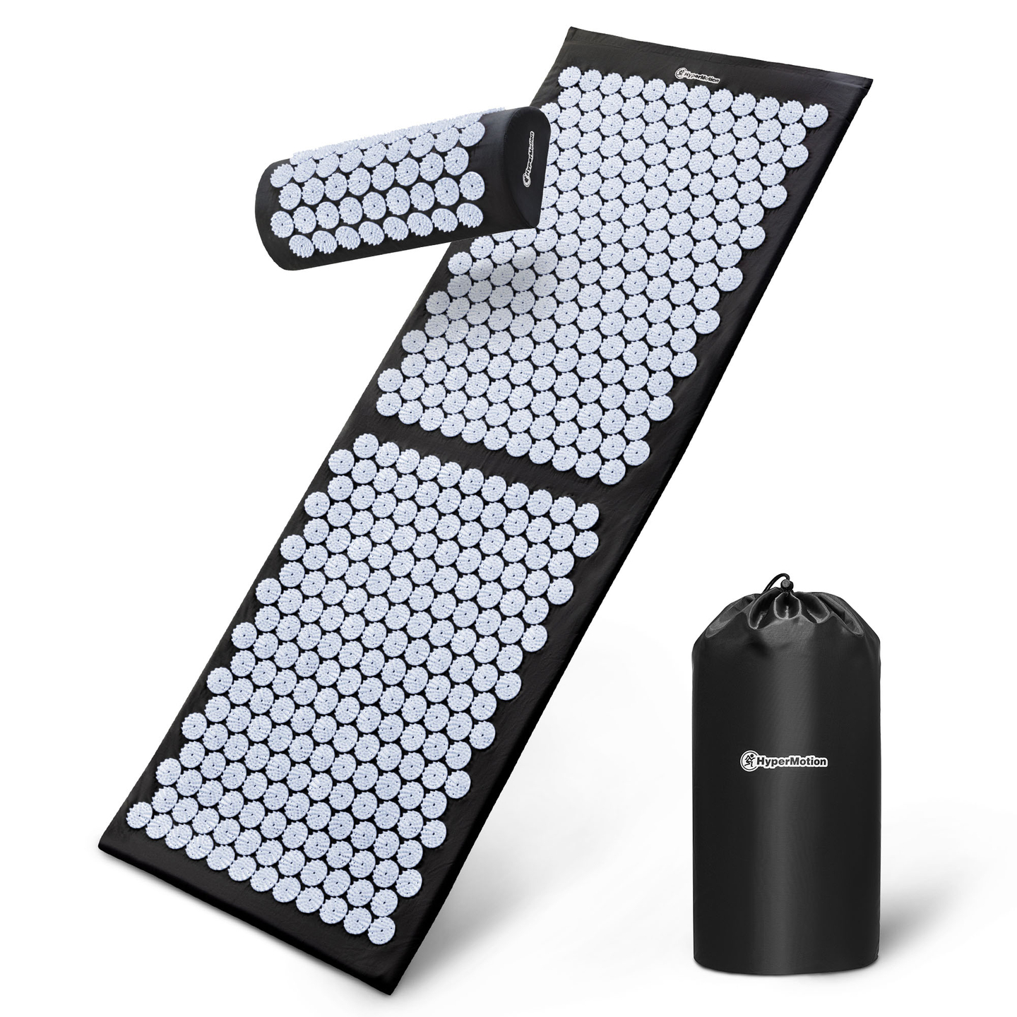 Tapete de acupressão grande com almofada e capa - 130 cm HyperMotion preto e branco