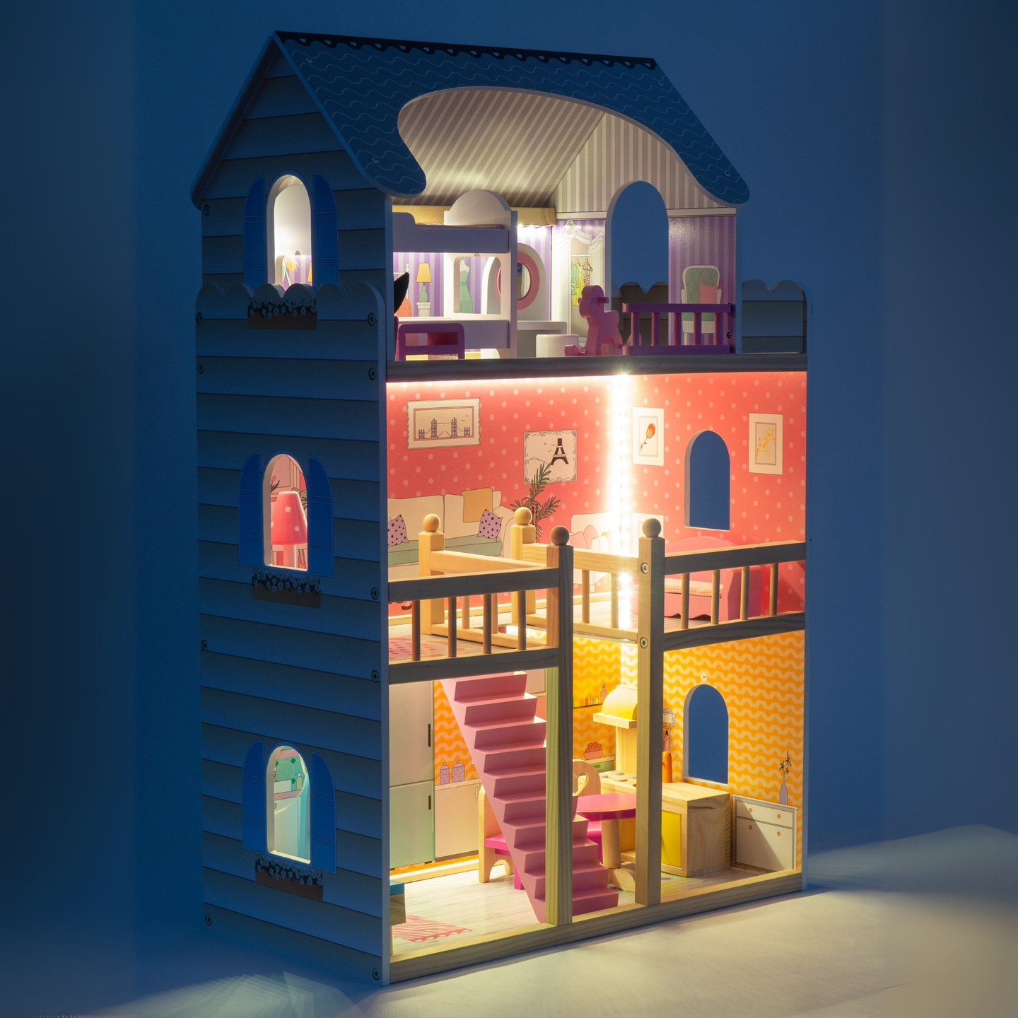 Grande casa de bonecas de madeira de 3 andares com terraço, conjunto de móveis e iluminação LED!
