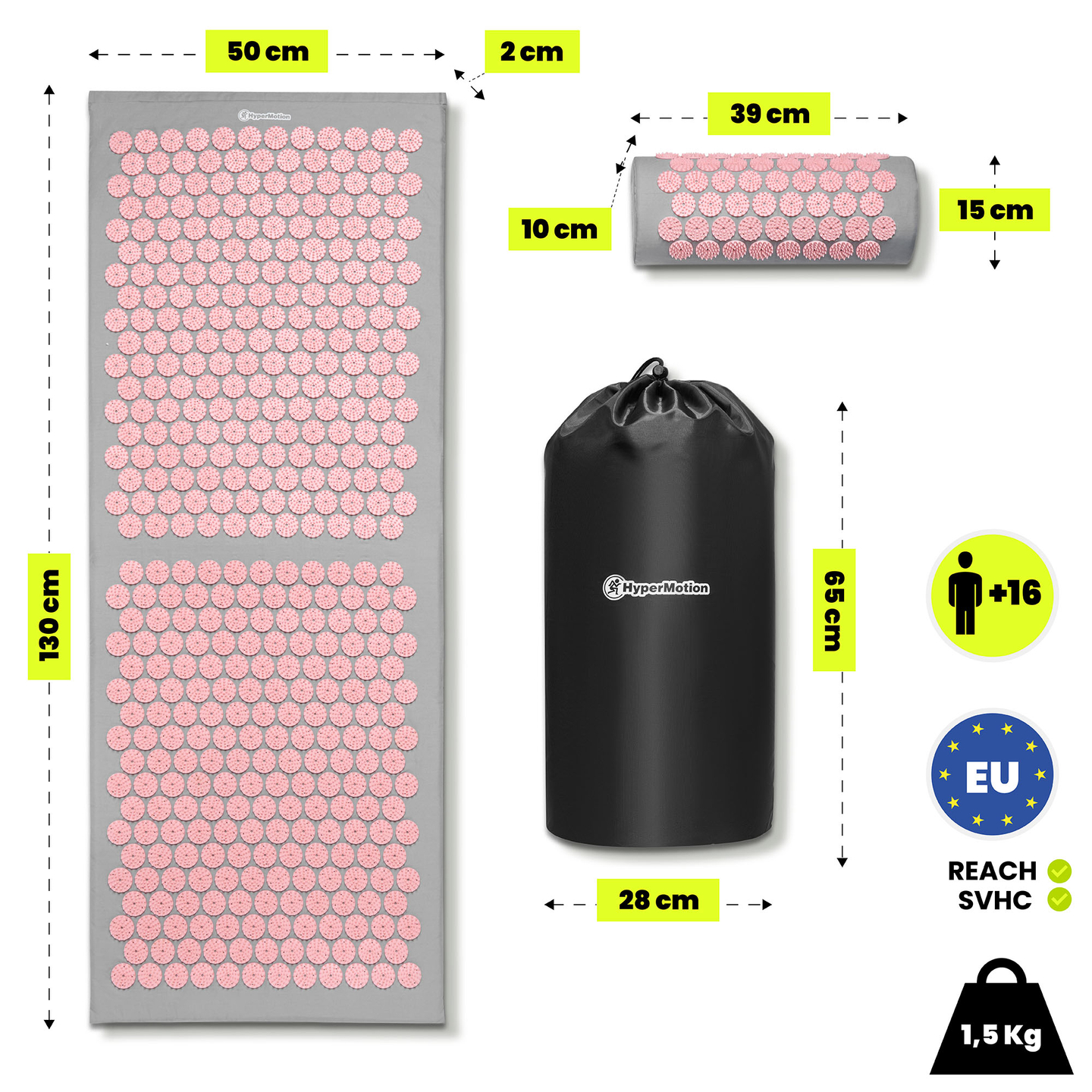 Tapete de acupressão grande com almofada e capa - 130 cm HyperMotion cinza e rosa
