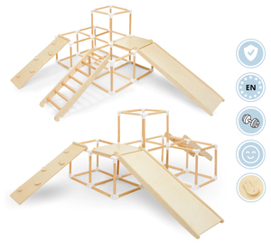 Grande playground doméstico XXL de madeira - escorregador, escada, parede de escalada, cubos de escalada