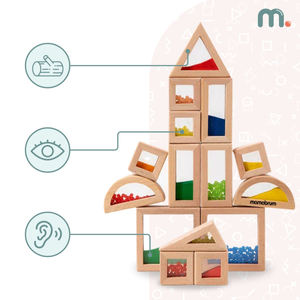 Conjunto de blocos sensoriais de madeira com diferentes recheios - 15 peças