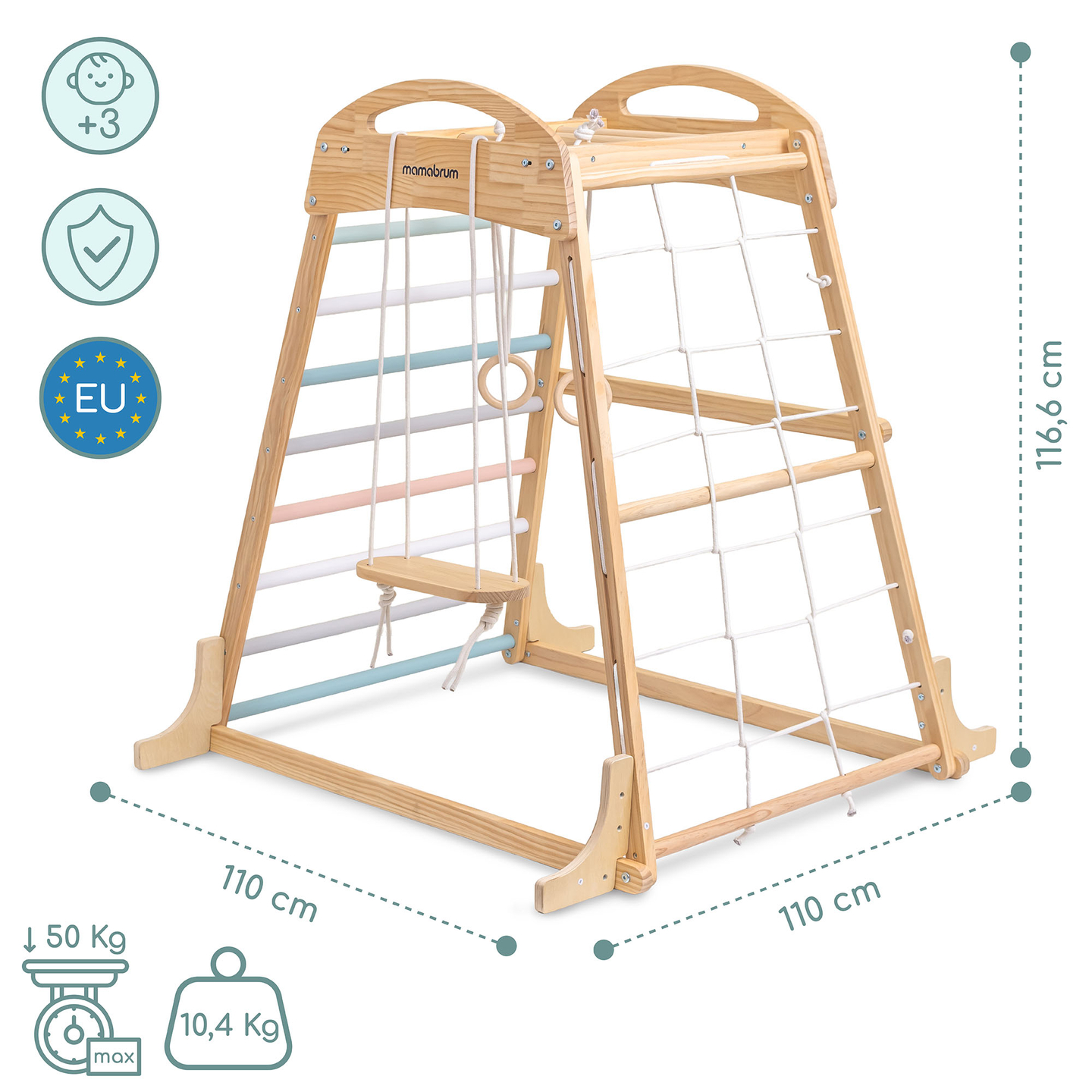 Parque infantil coberto de madeira com balanço, argolas de ginástica e rede de escalada