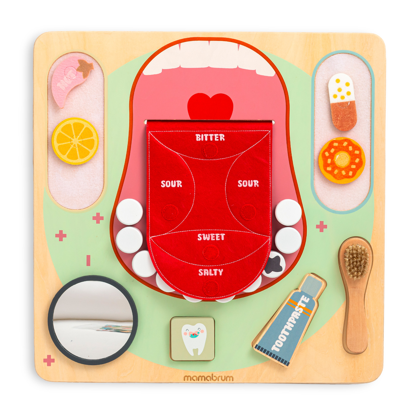 Quadro Educacional Montessori de Madeira Pequeno Dentista - escova de dentes, pasta de dentes, dentes removíveis, espelho, comida, sabores de aprendizagem