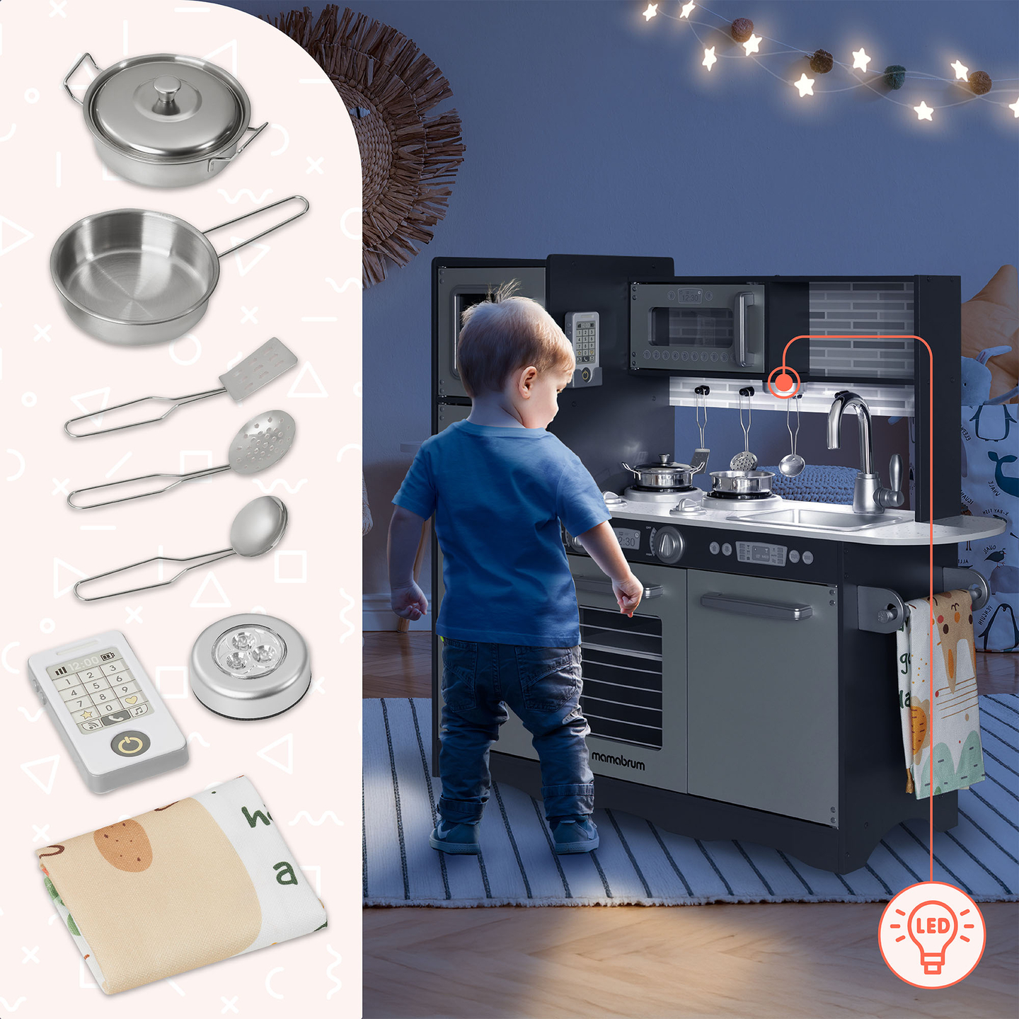 Cozinha XXL em madeira com iluminação LED, avental e acessórios