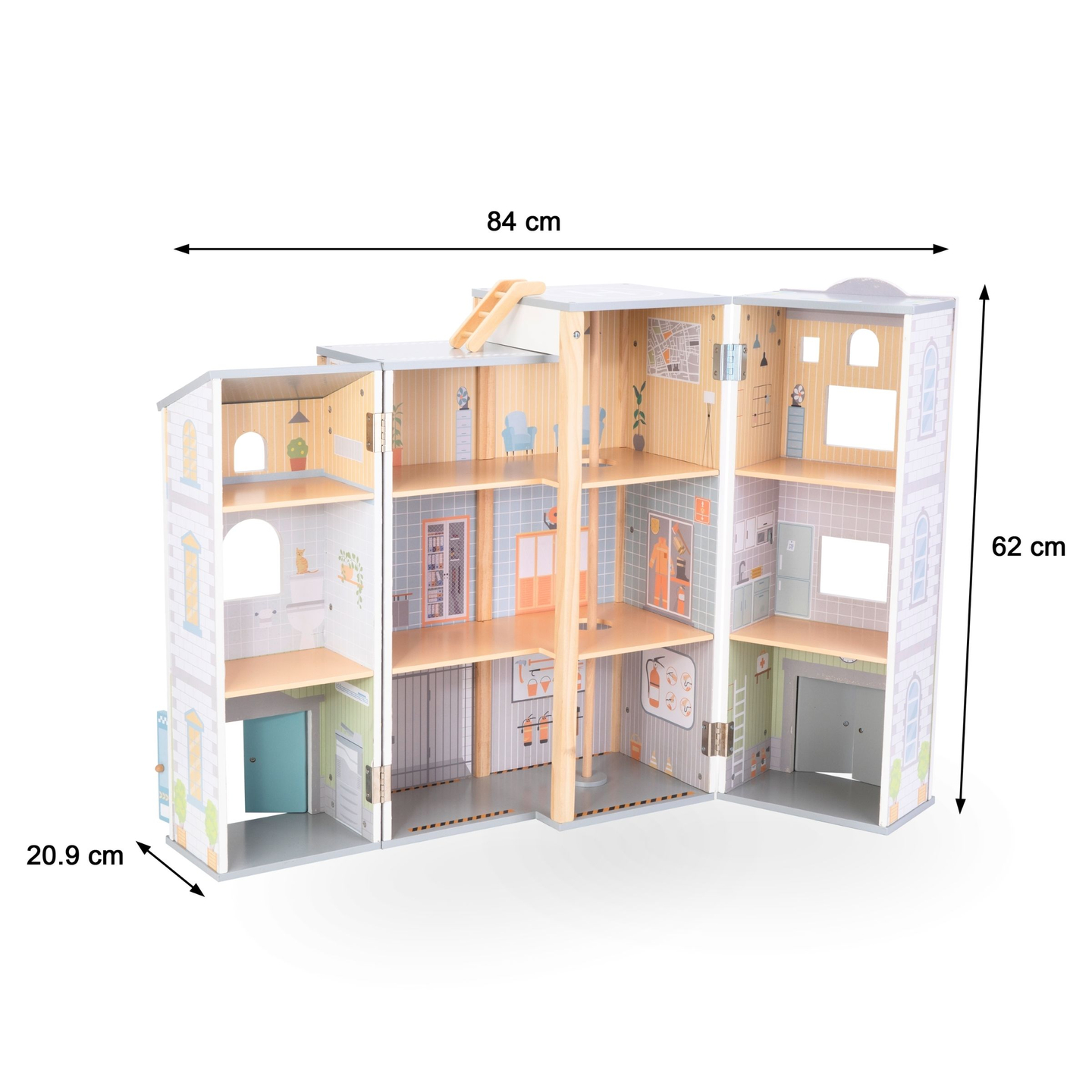 Grande corpo de bombeiros dobrável com delegacia - conjunto de madeira. Corpo de bombeiros e delegacia com acessórios.