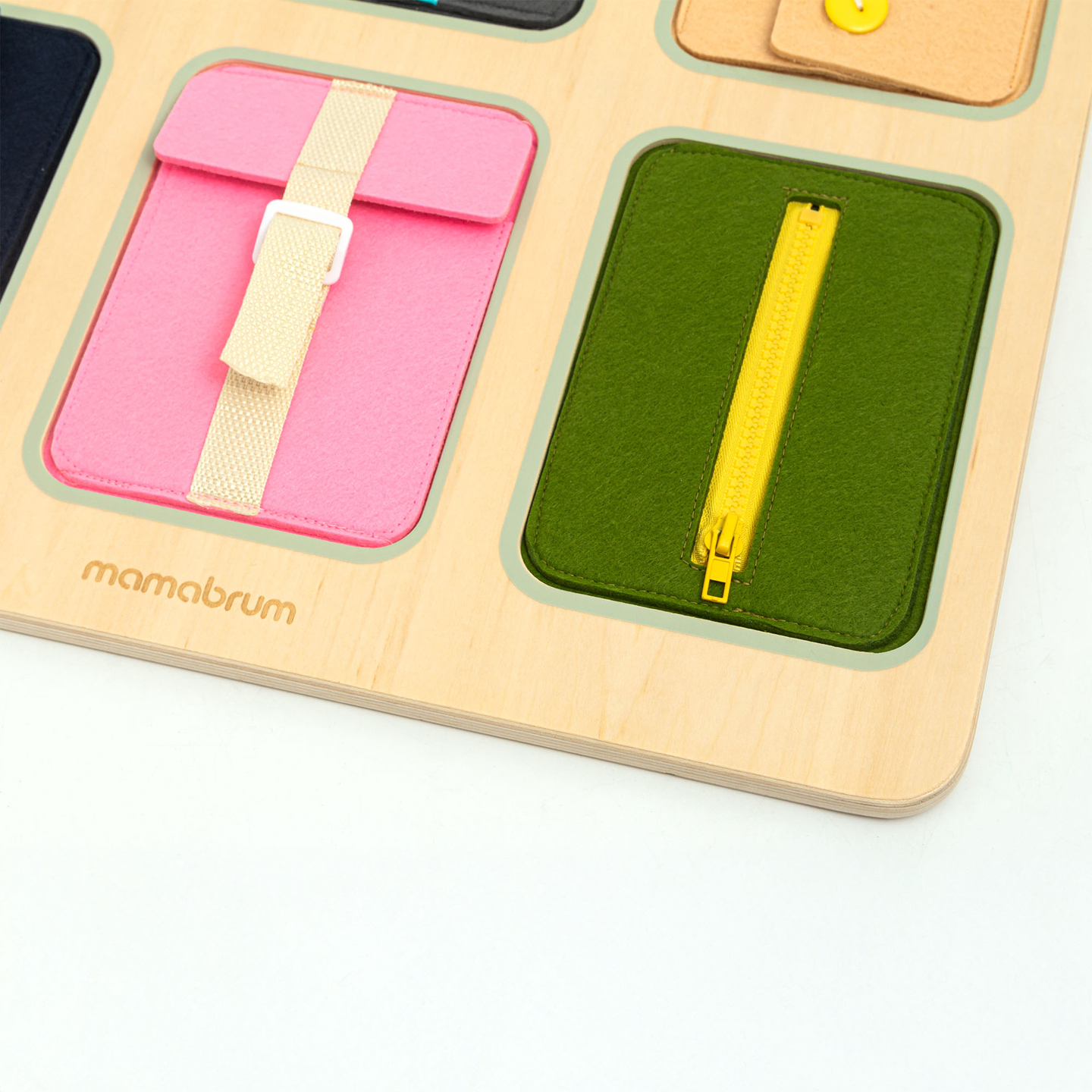 Quadro de atividades Montessori de madeira – Aprendizagem sensorial da independência – cadarços, fivelas, botões, fechos de pressão, zíper