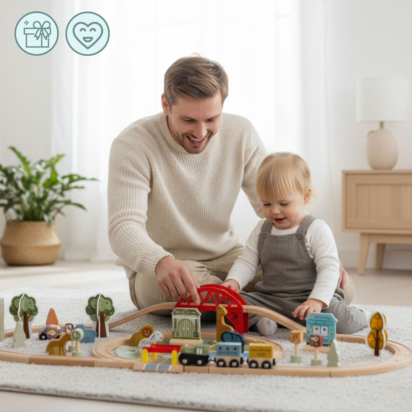 Trem de madeira do zoológico – quebra-cabeça, trem, trilhos, animais, ponte, barreira
