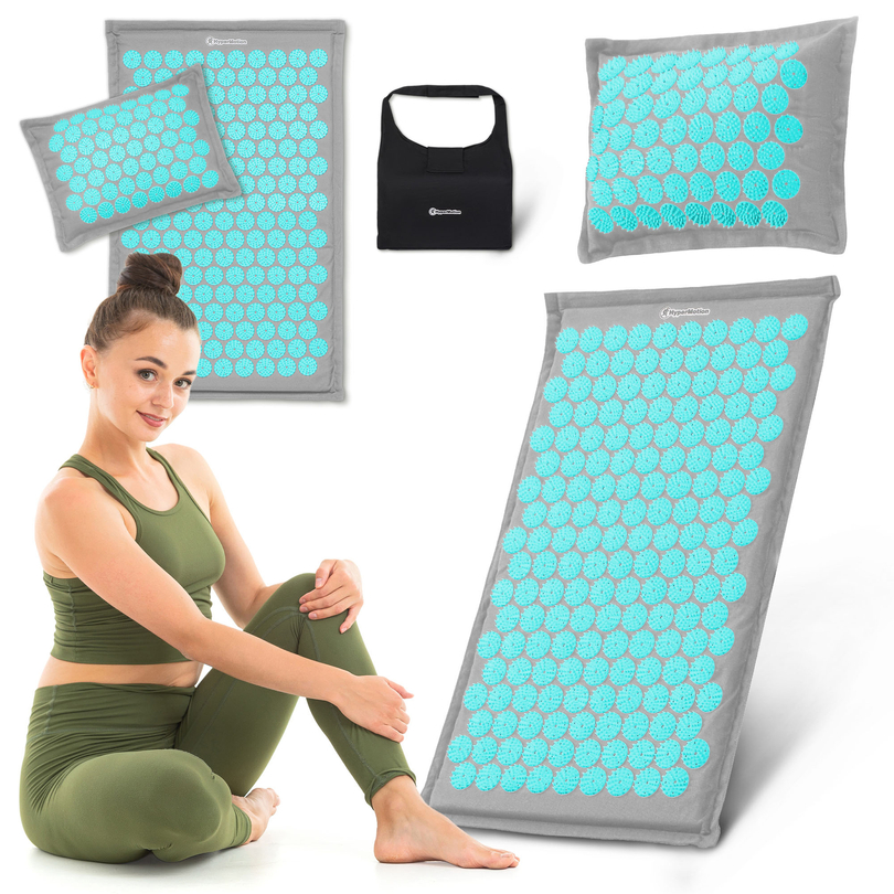 Tapete de acupressão em linho ecológico com fibra de coco e almofada de trigo sarraceno – 68 cm HyperMotion Cinza-Menta
