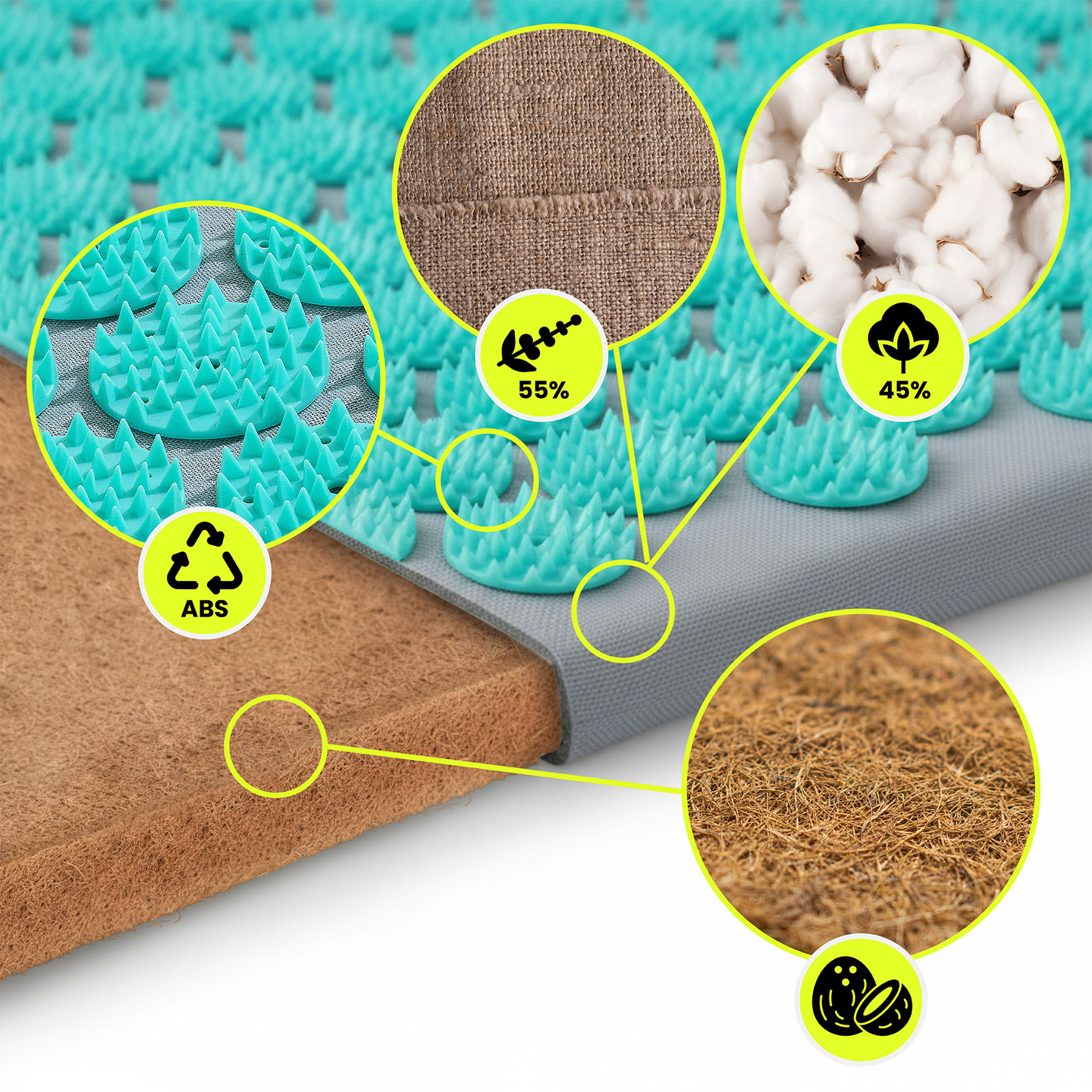 Tapete de acupressão em linho ecológico com fibra de coco e almofada de trigo sarraceno – 68 cm HyperMotion Cinza-Menta