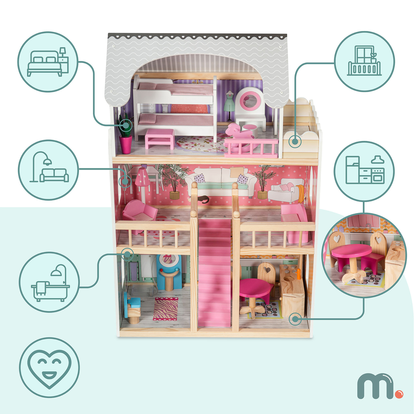 Grande casa de bonecas de madeira de 3 andares com terraço, conjunto de móveis e iluminação LED!