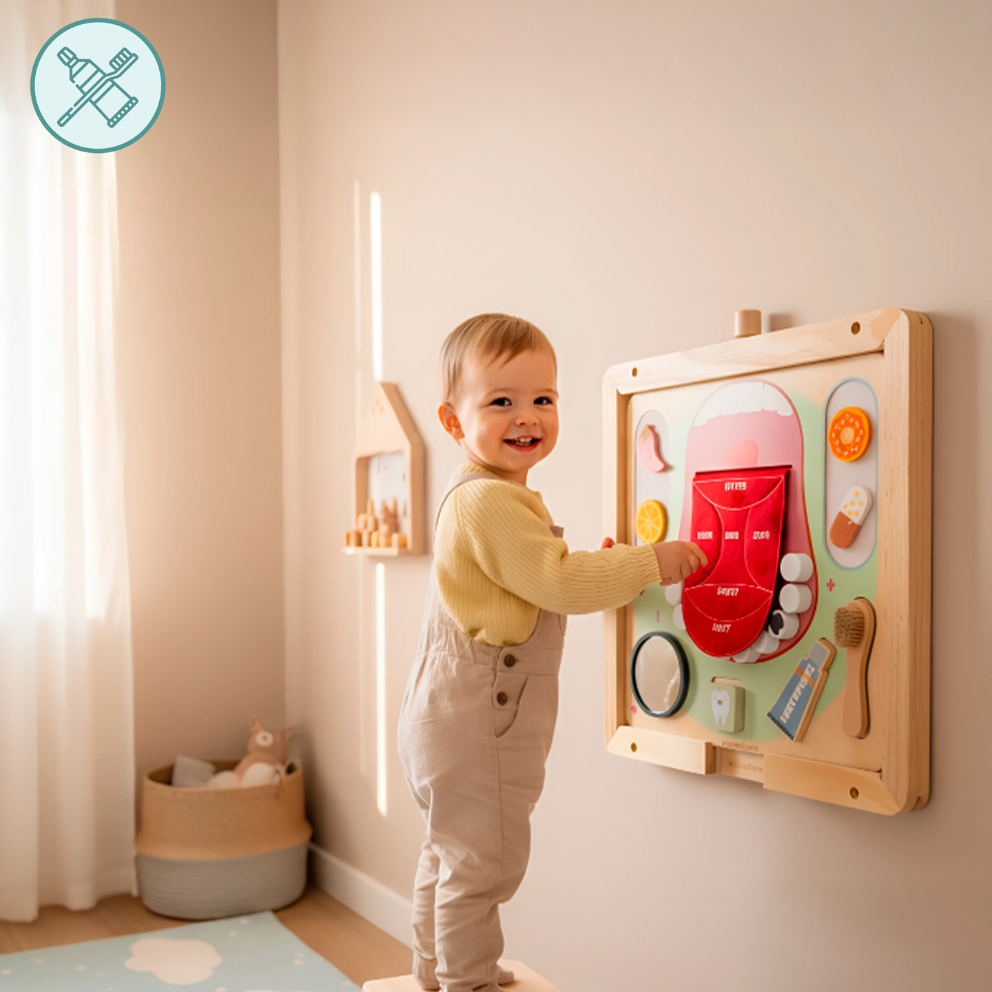 Quadro Educacional Montessori de Madeira Pequeno Dentista - escova de dentes, pasta de dentes, dentes removíveis, espelho, comida, sabores de aprendizagem