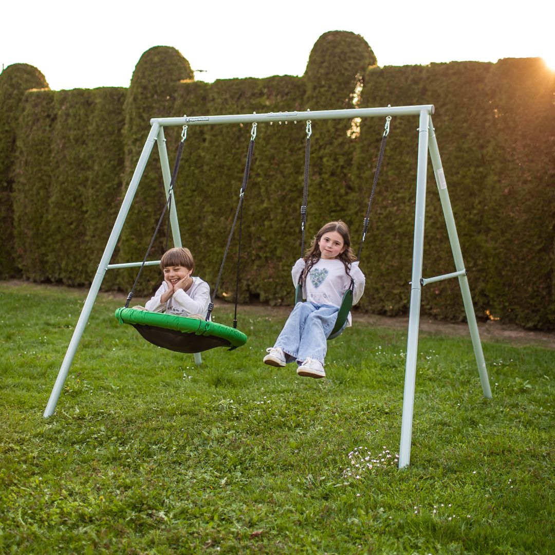 Balanço duplo de jardim com estrutura e cordas - assento e ninho de cegonha