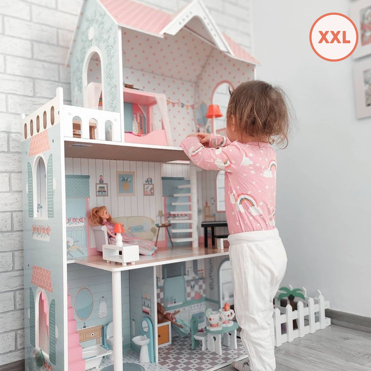 XXL A maior casa de bonecas de madeira - 123 cm - iluminada por LED - terraço, acessórios, jardim