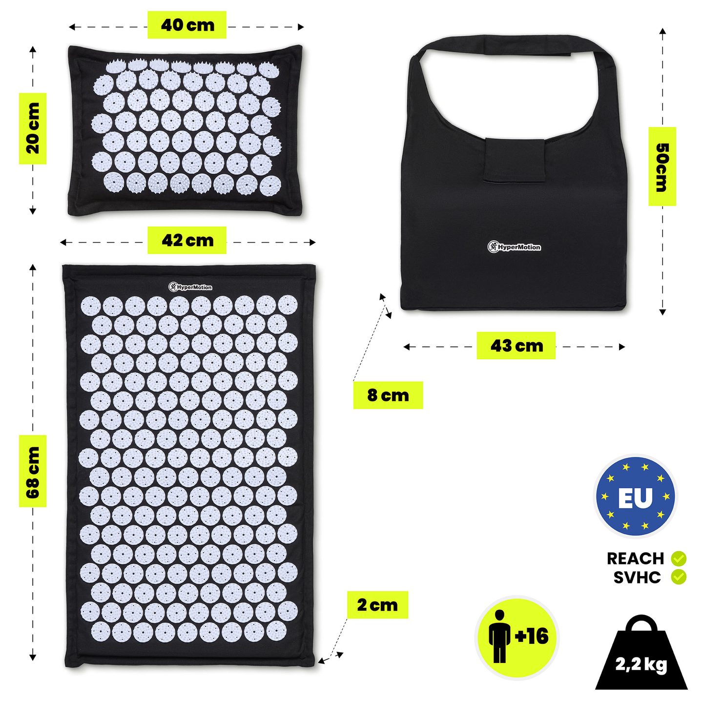 Tapete de acupressão em linho ecológico com fibra de coco e almofada de trigo sarraceno – 68 cm HyperMotion Preto e Branco