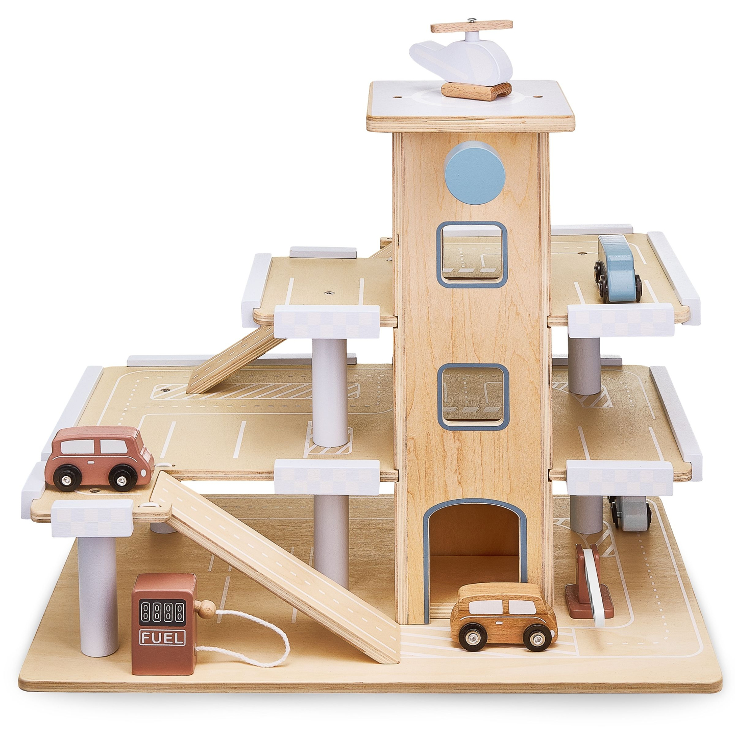 Estacionamento de três níveis em madeira com elevador - garagem para carros e helicóptero