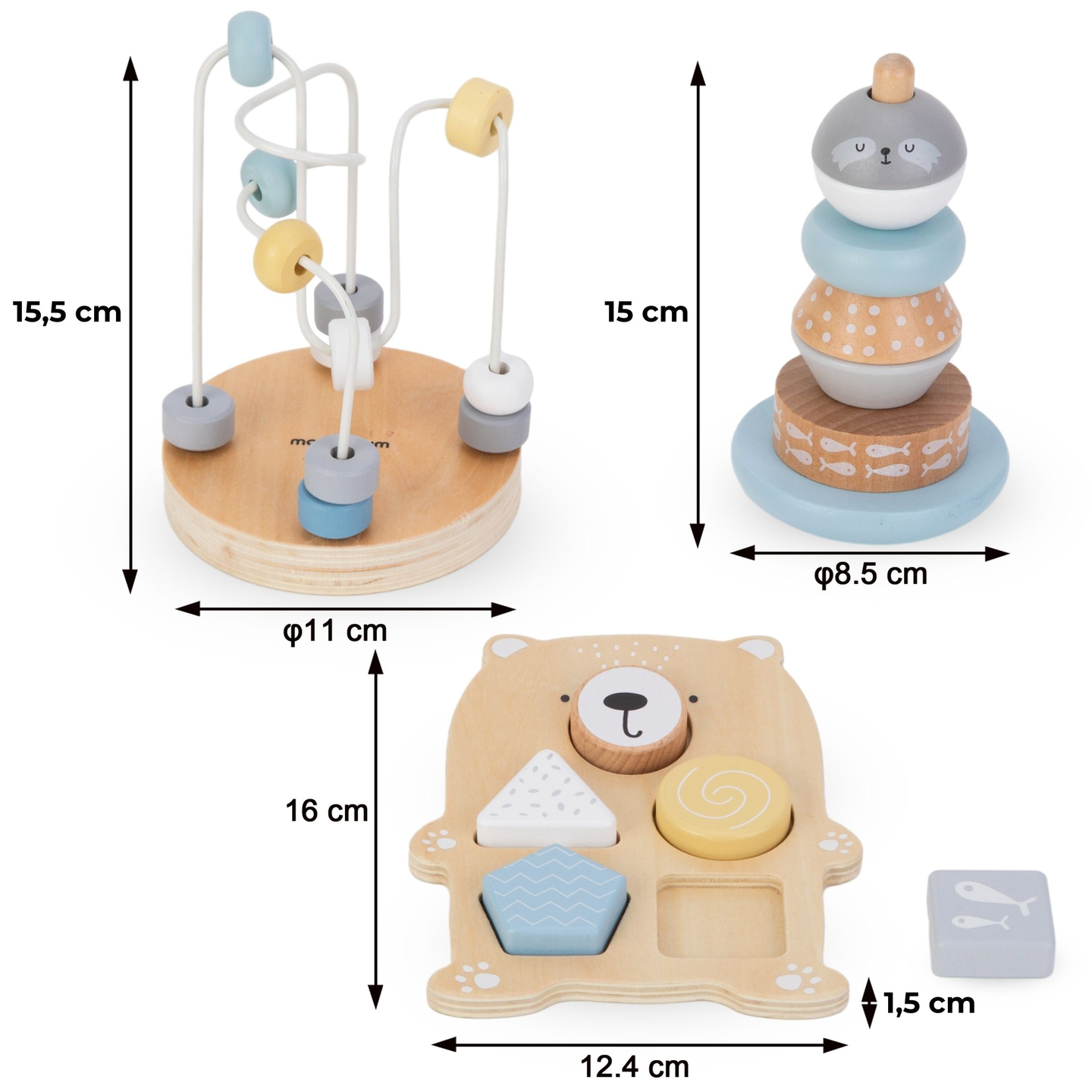 Um conjunto de brinquedos de madeira - um entrelaçado colorido, uma pirâmide de focas, um classificador de ursinhos de pelúcia