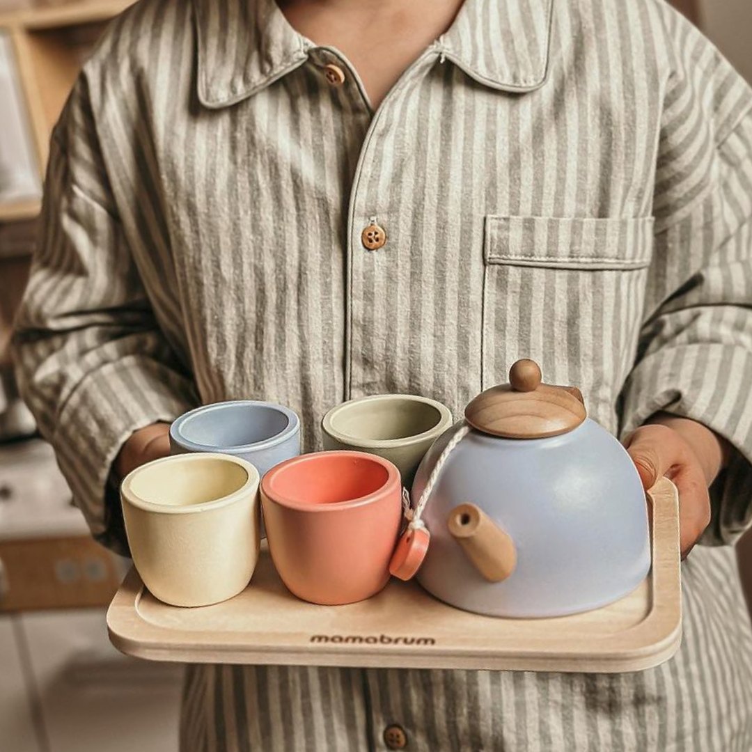 Serviço de chá em madeira com bandeja - 7 elementos