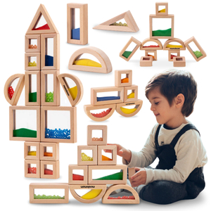 Conjunto de blocos sensoriais de madeira com diferentes recheios - 15 peças