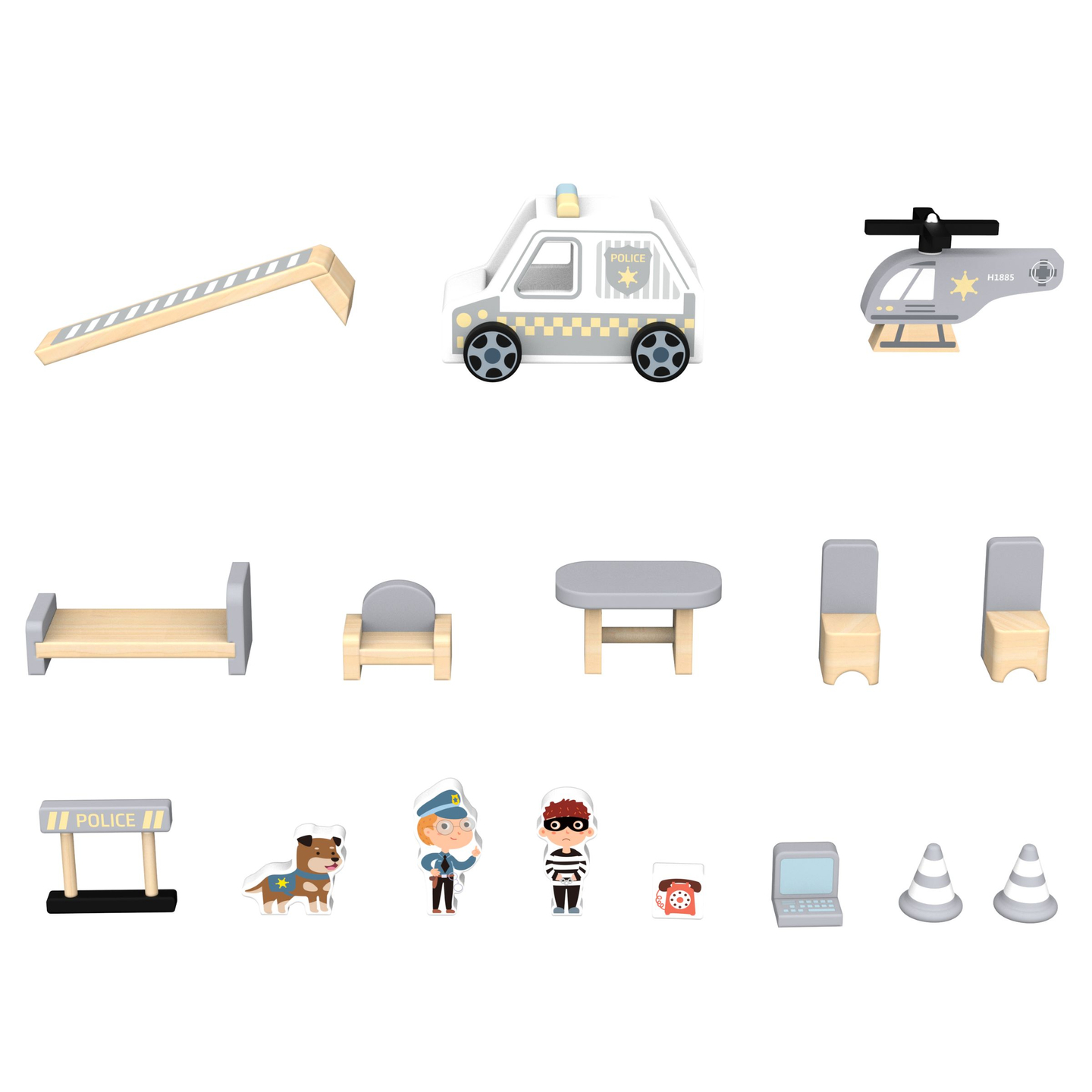 Delegacia de madeira com acessórios