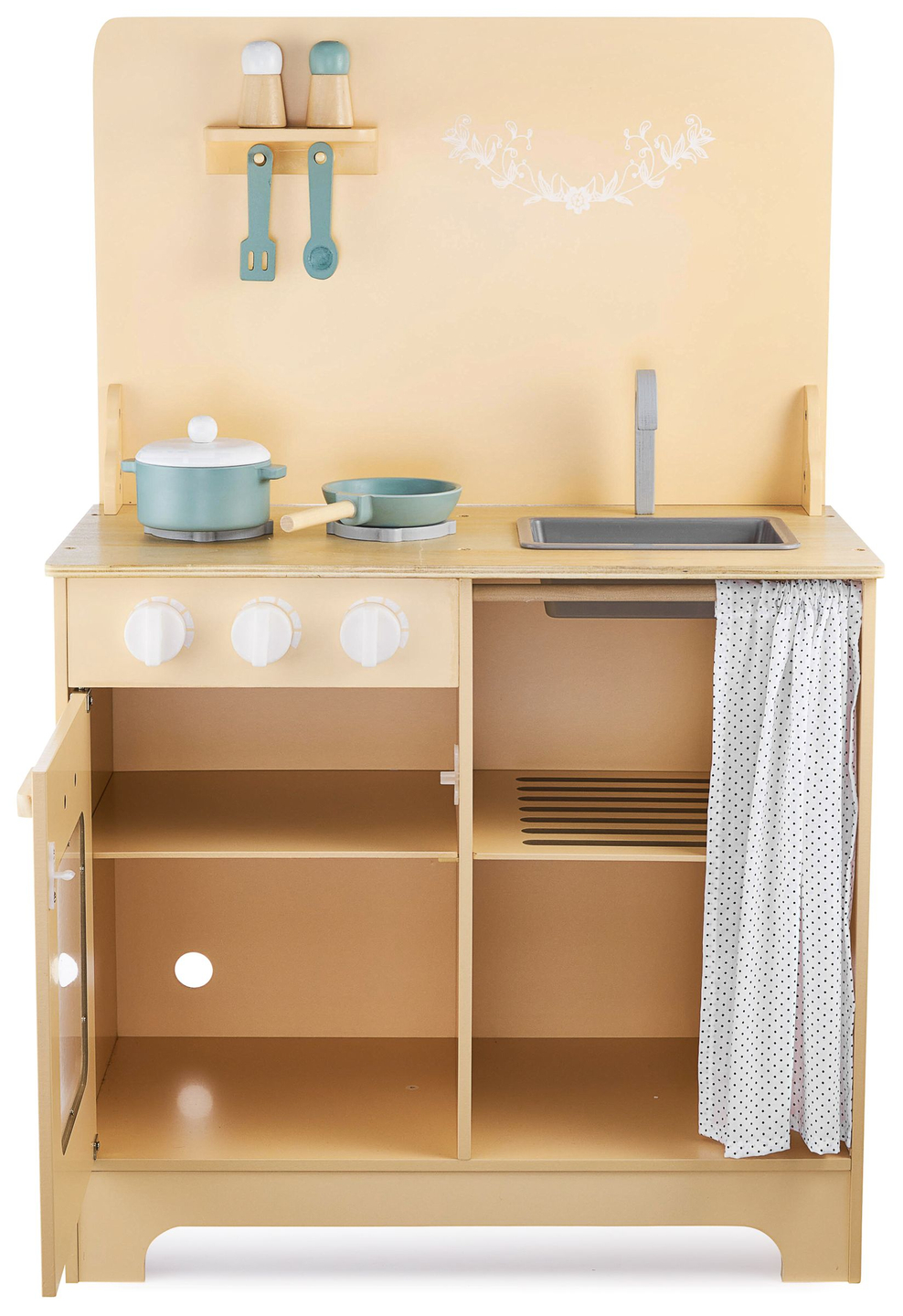 Cozinha de madeira com avental, acessórios e iluminação LED