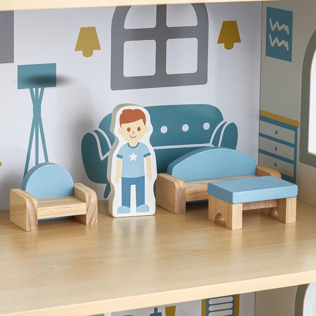 Casa de bonecas de madeira branca com terraço e acessórios