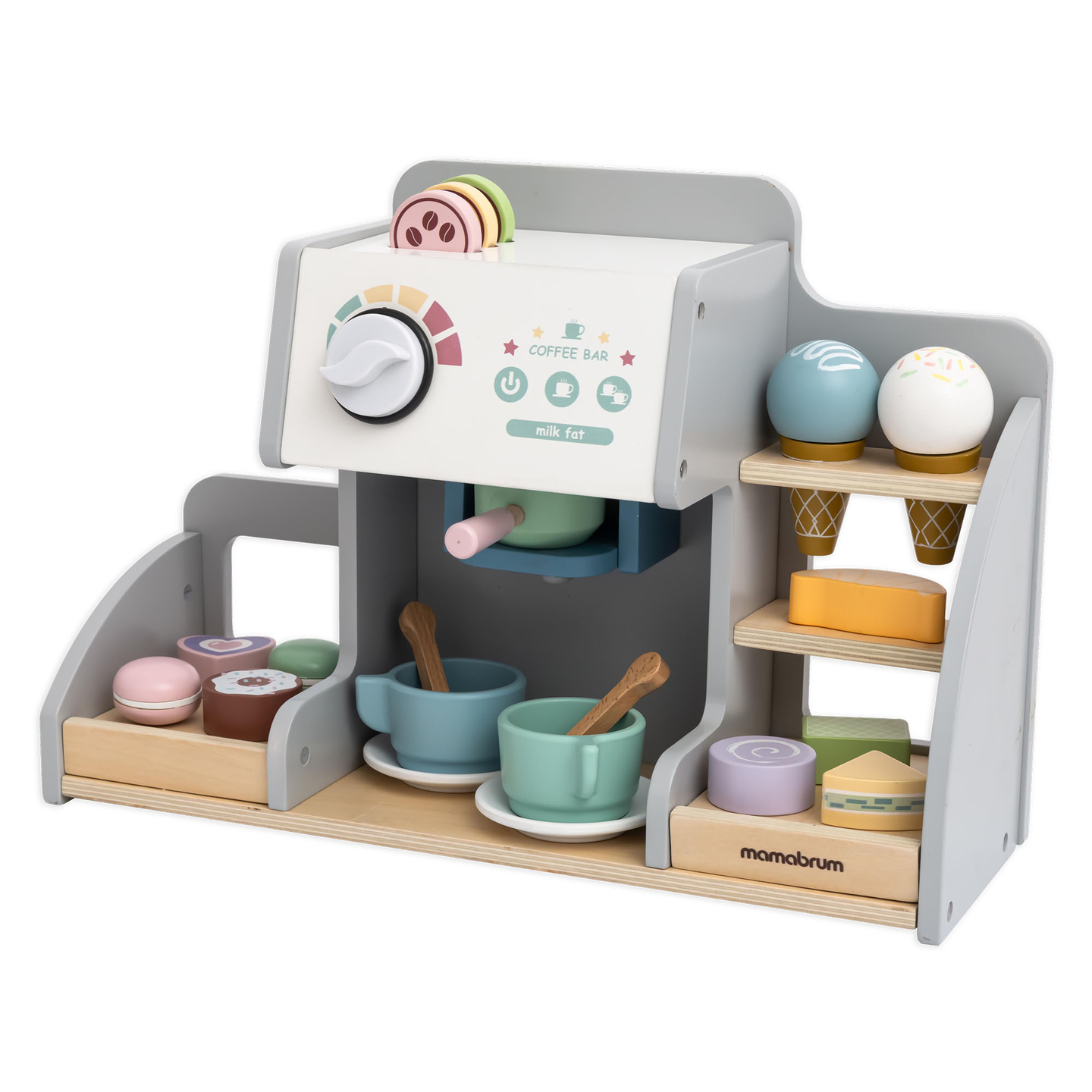 Uma grande gelataria de madeira com quadro magnético, máquina de café e conjunto de gelados e sobremesas - mais de 70 peças!