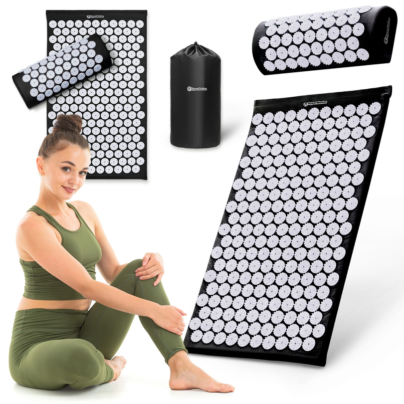Tapete de acupressão com almofada e capa - 72 cm HyperMotion preto e branco