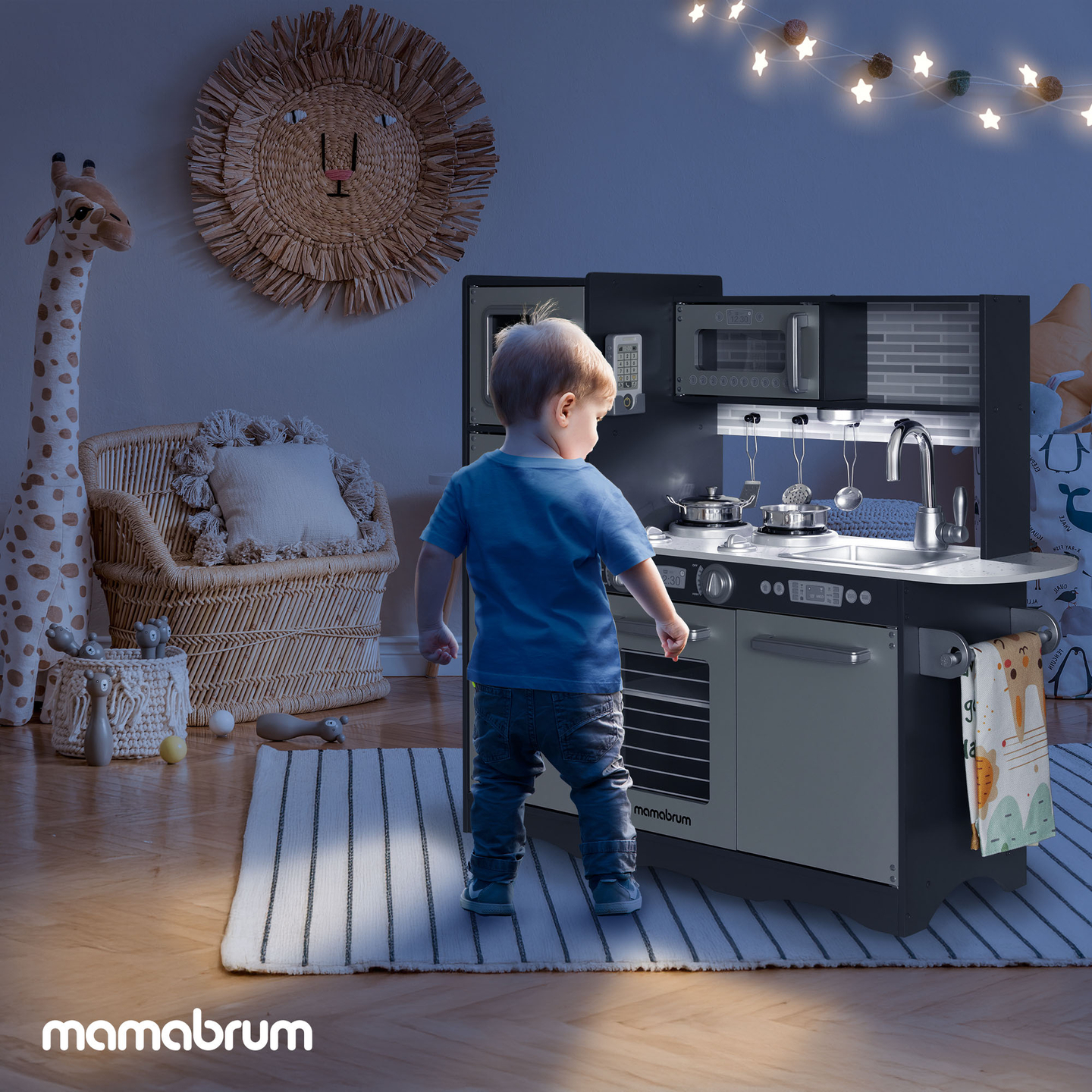 Cozinha XXL em madeira com iluminação LED, avental e acessórios